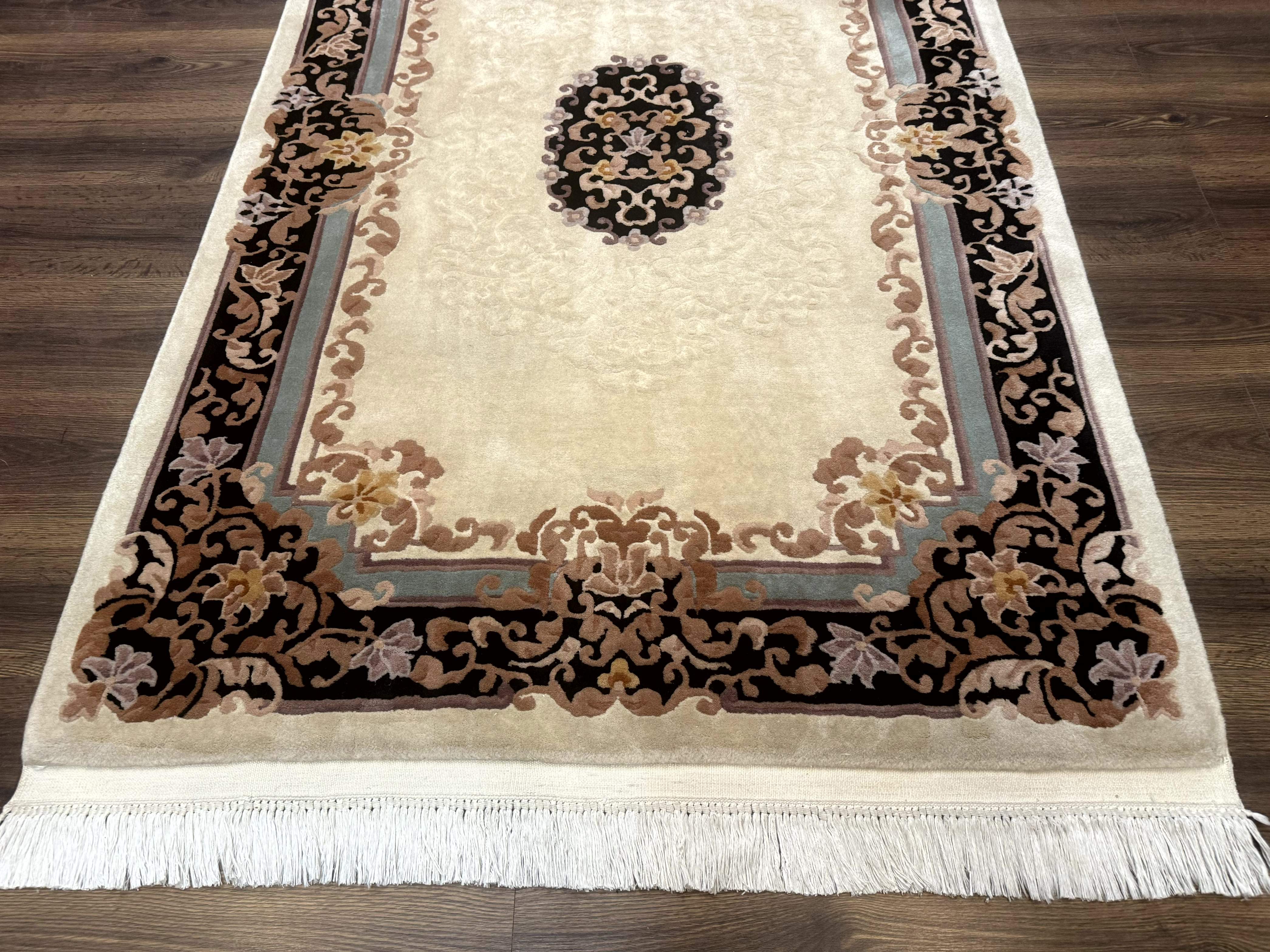 Chinese Aubusson Wool Rug 4x6, 90 Line Rug, Wool, Oat & Black - Jewel Rugs