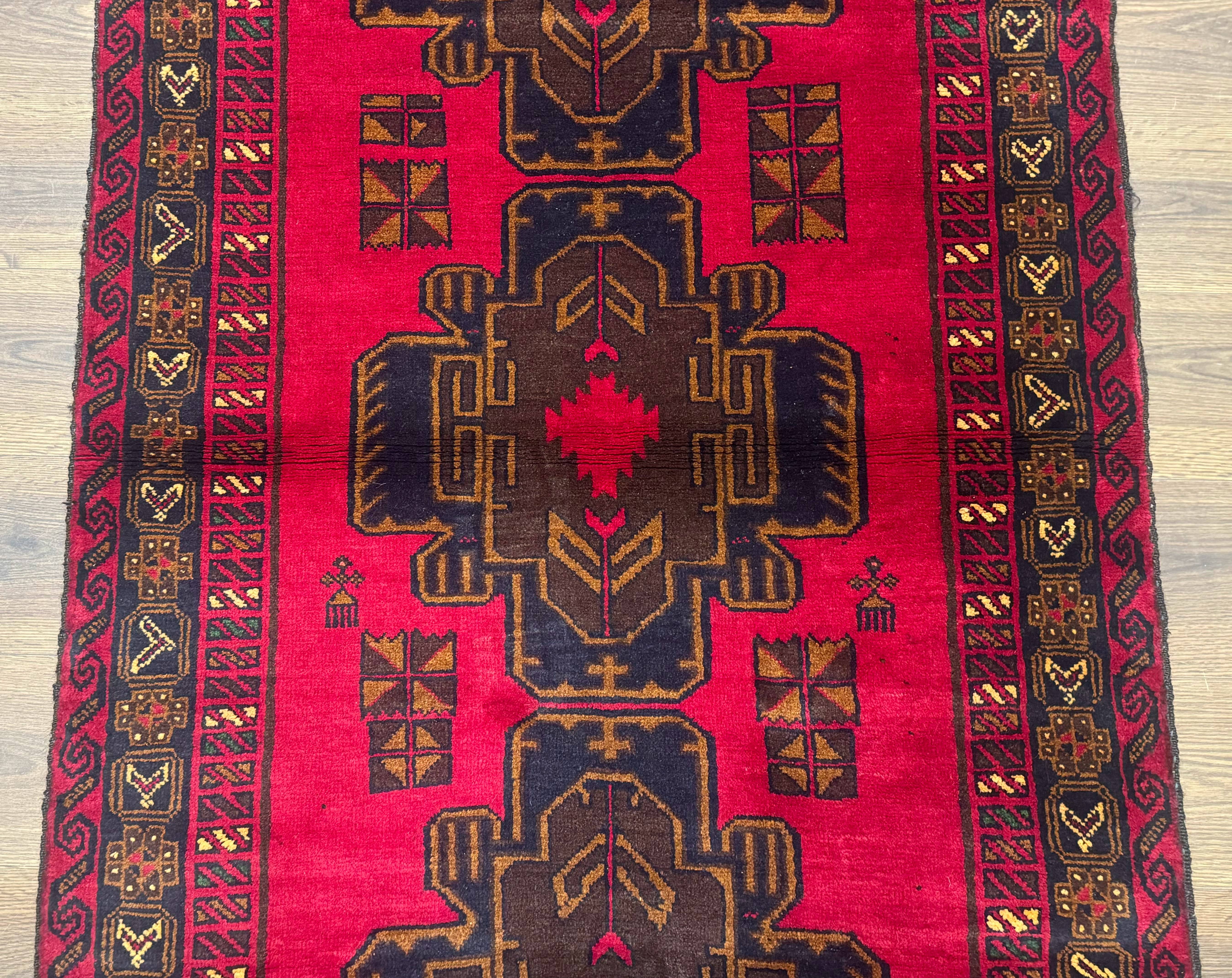 Red Afghan Balouch Rug 4x7, Triple Medallions, Handmade, New - Jewel Rugs