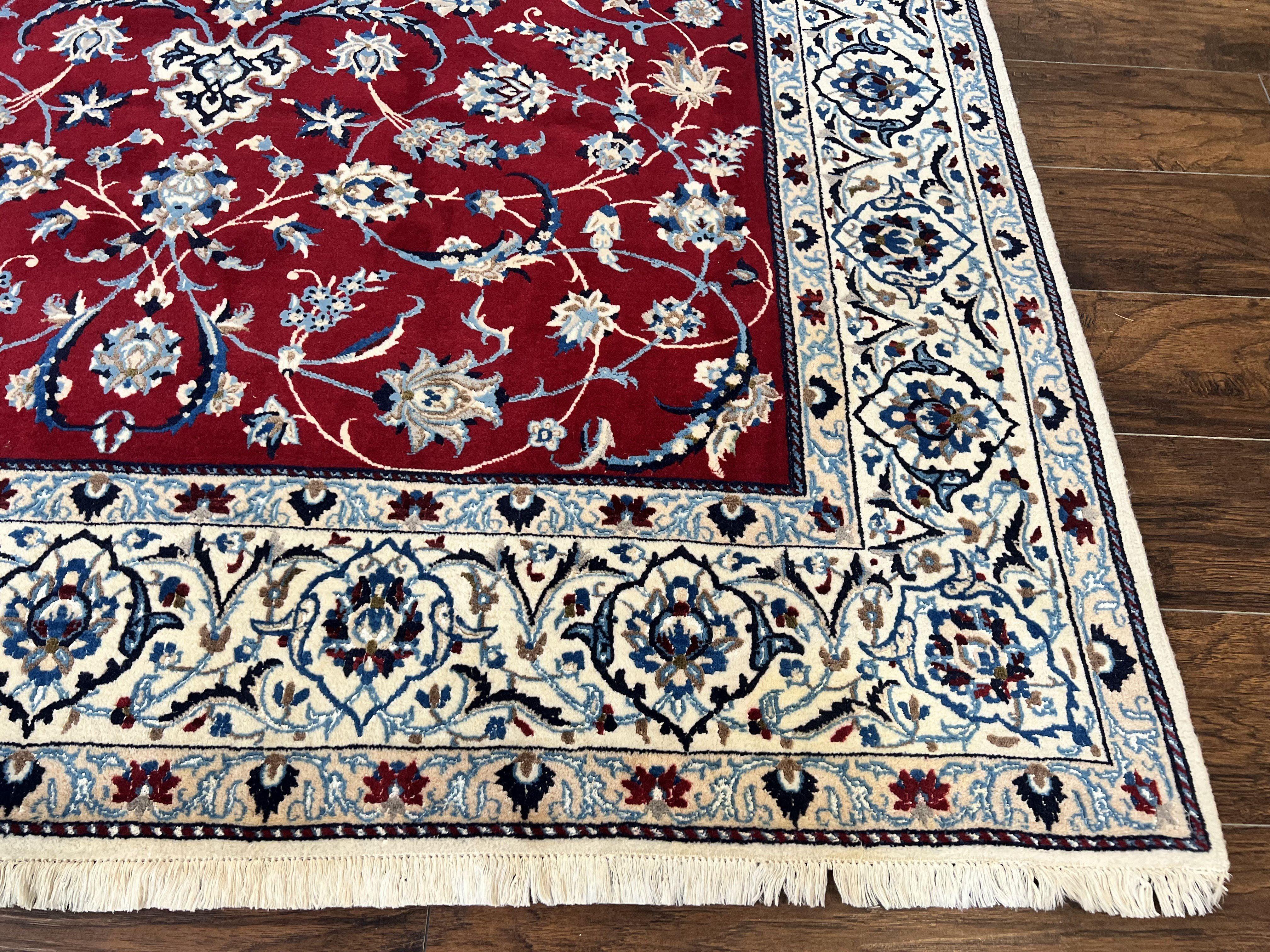 Persian Nain Rug 6x10, Wool and Silk Highlights, Red and Ivory, Floral Medallion, Vintage Handmade Hand Knotted, Fine 225 KPSI, Traditional Rug - Jewel Rugs