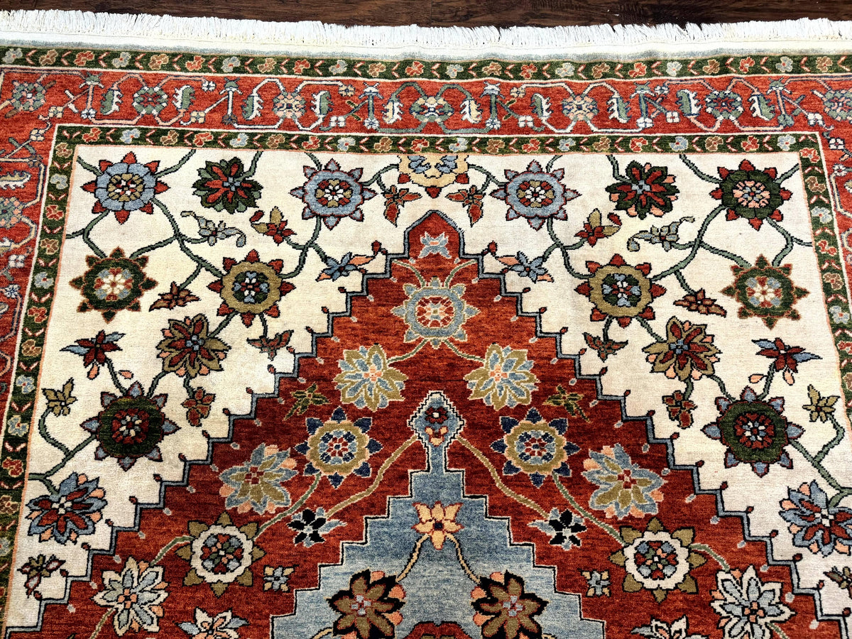 Indo Persian Heriz Rug 7x9, Geometric Pattern, Cream & Light Red, Hand Jewel Rugs