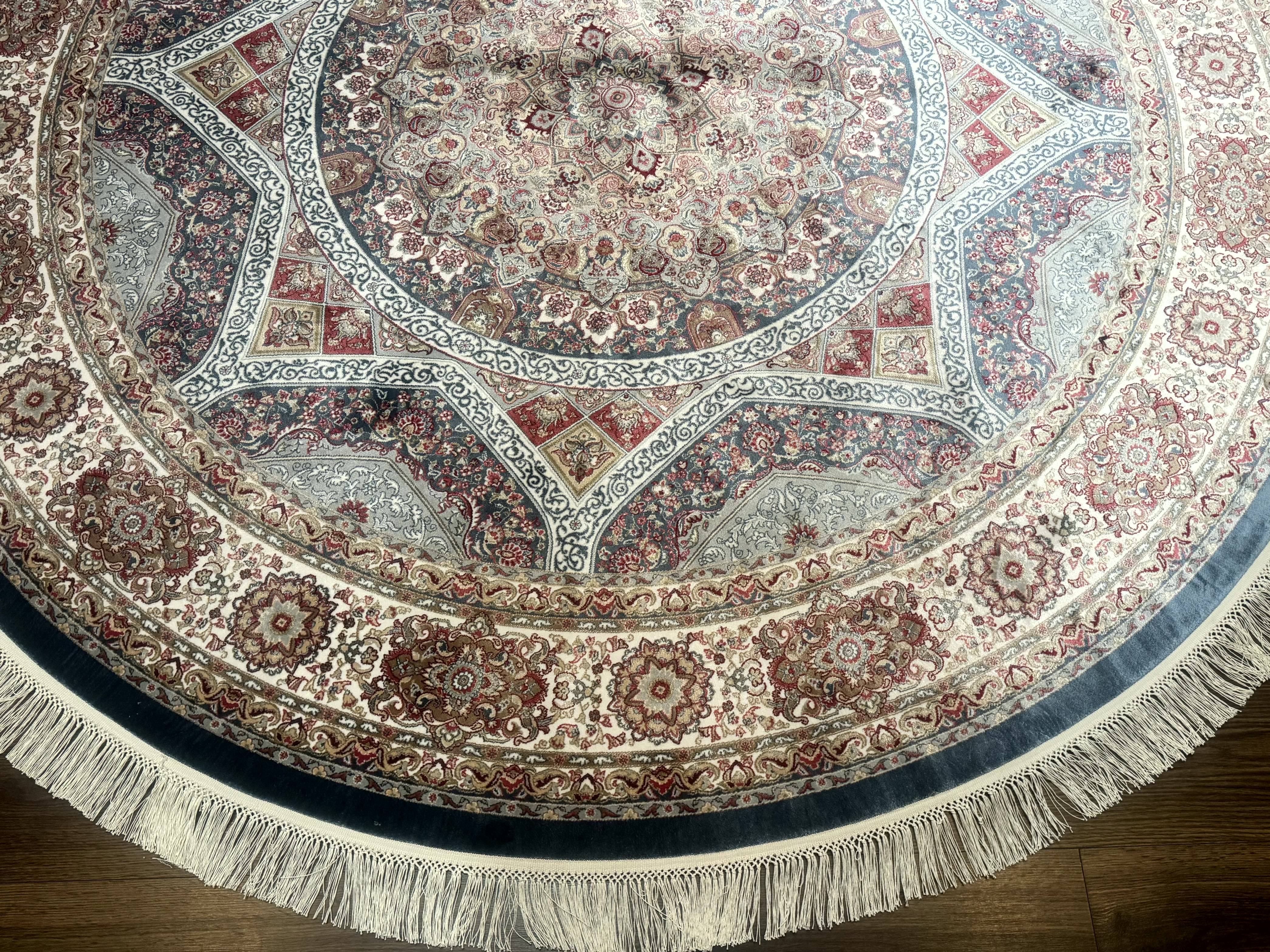 Round Silk Rug 6x6, Blue and Ivory, Turkish Silk Carpet, Bamboo Silk - Jewel Rugs