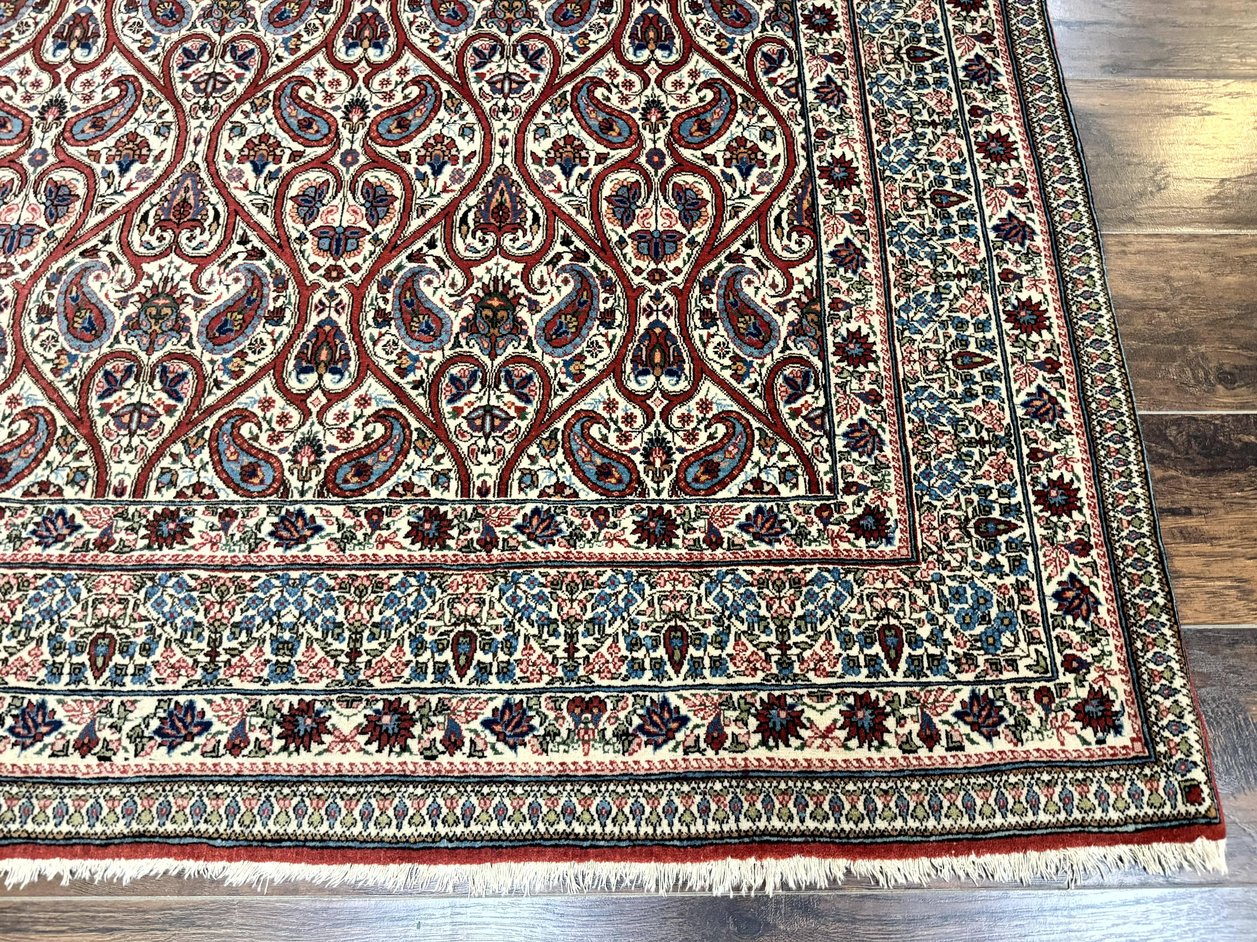 Unique Persian Qum Rug 5x7, Repeated Paisely Boteh Design, Ivory Red Blue, Handmade Antique Wool Persian Carpet, Finely Hand Knotted - Jewel Rugs
