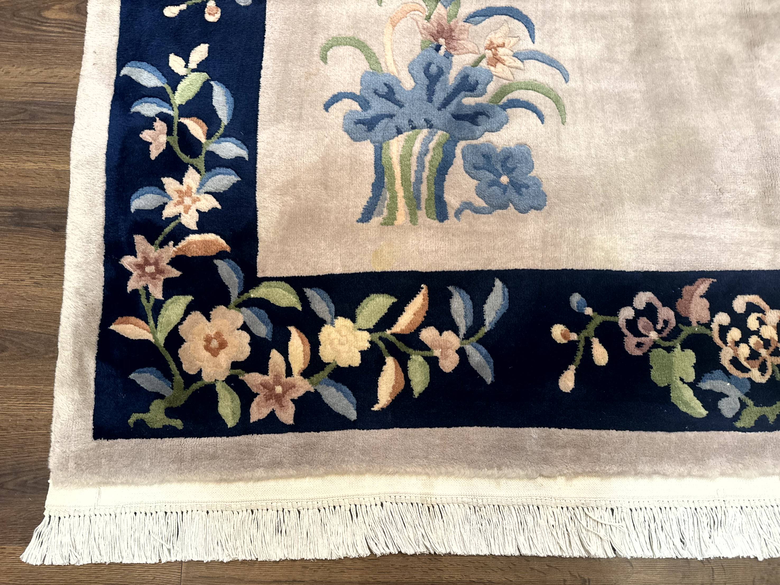 Chinese Wool Rug 8x10, Light Gray and Navy Blue, Floral, Chinese 120 Line Carpet - Jewel Rugs