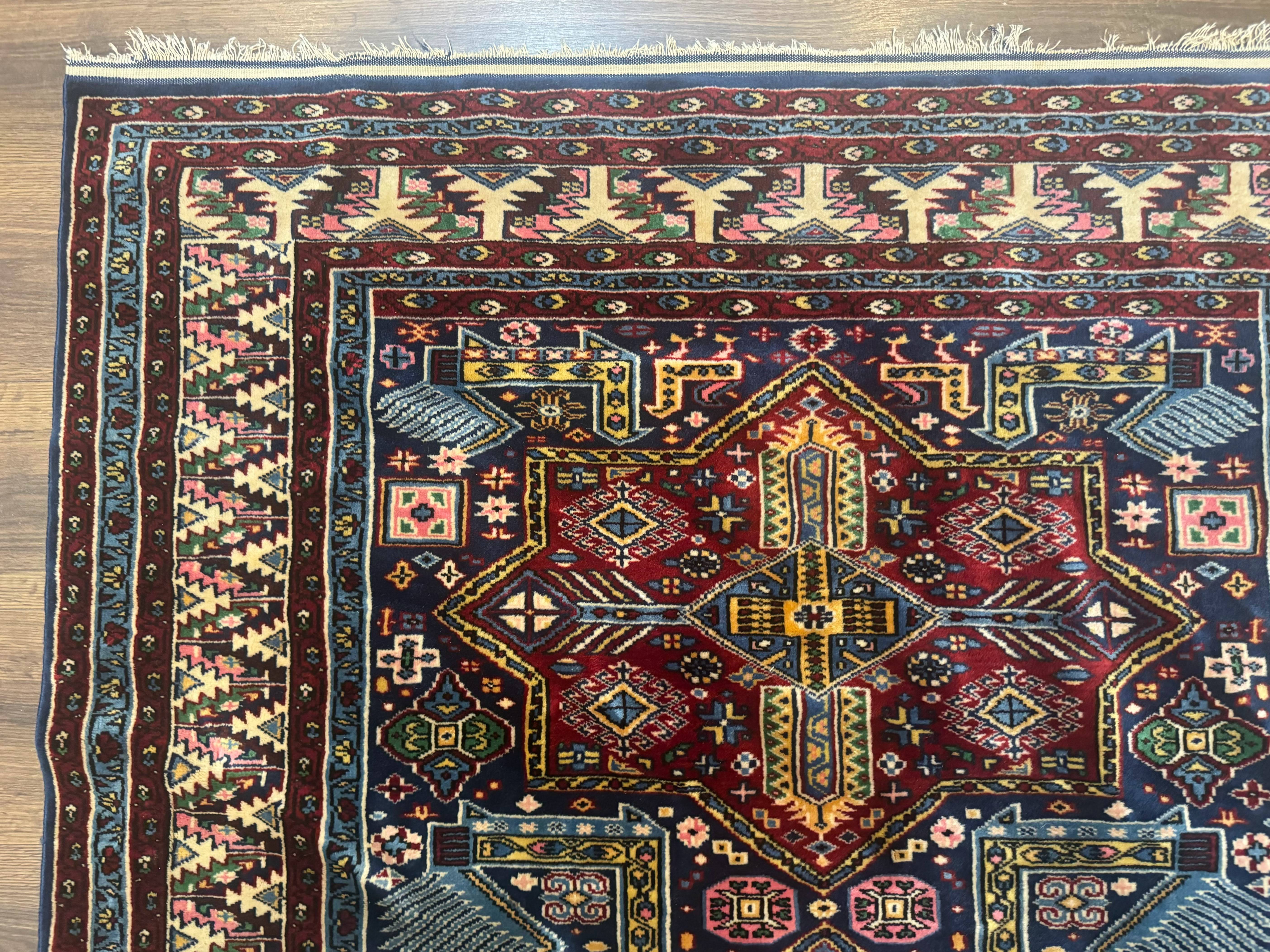 Indian Rug with Caucasian Design, 4x6 Geometric Carpet, Navy Blue and Cream - Jewel Rugs