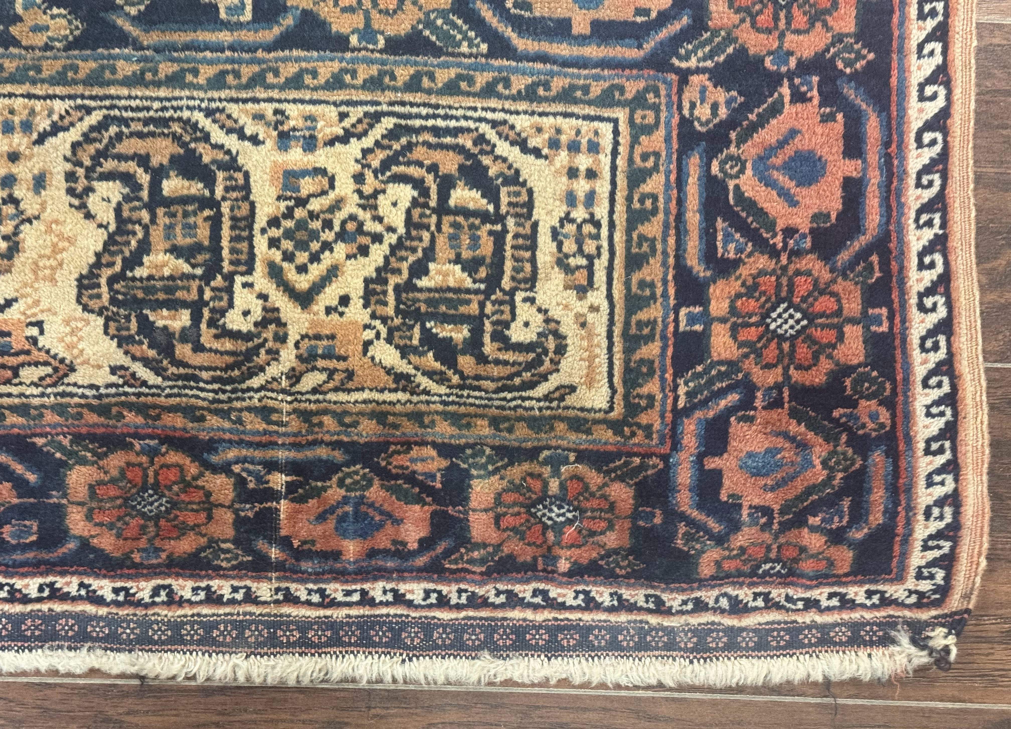 Small Persian Afshar Rug 2x3 – Oat and Navy, Hand-Knotted Wool Antique Accent Rug - Jewel Rugs