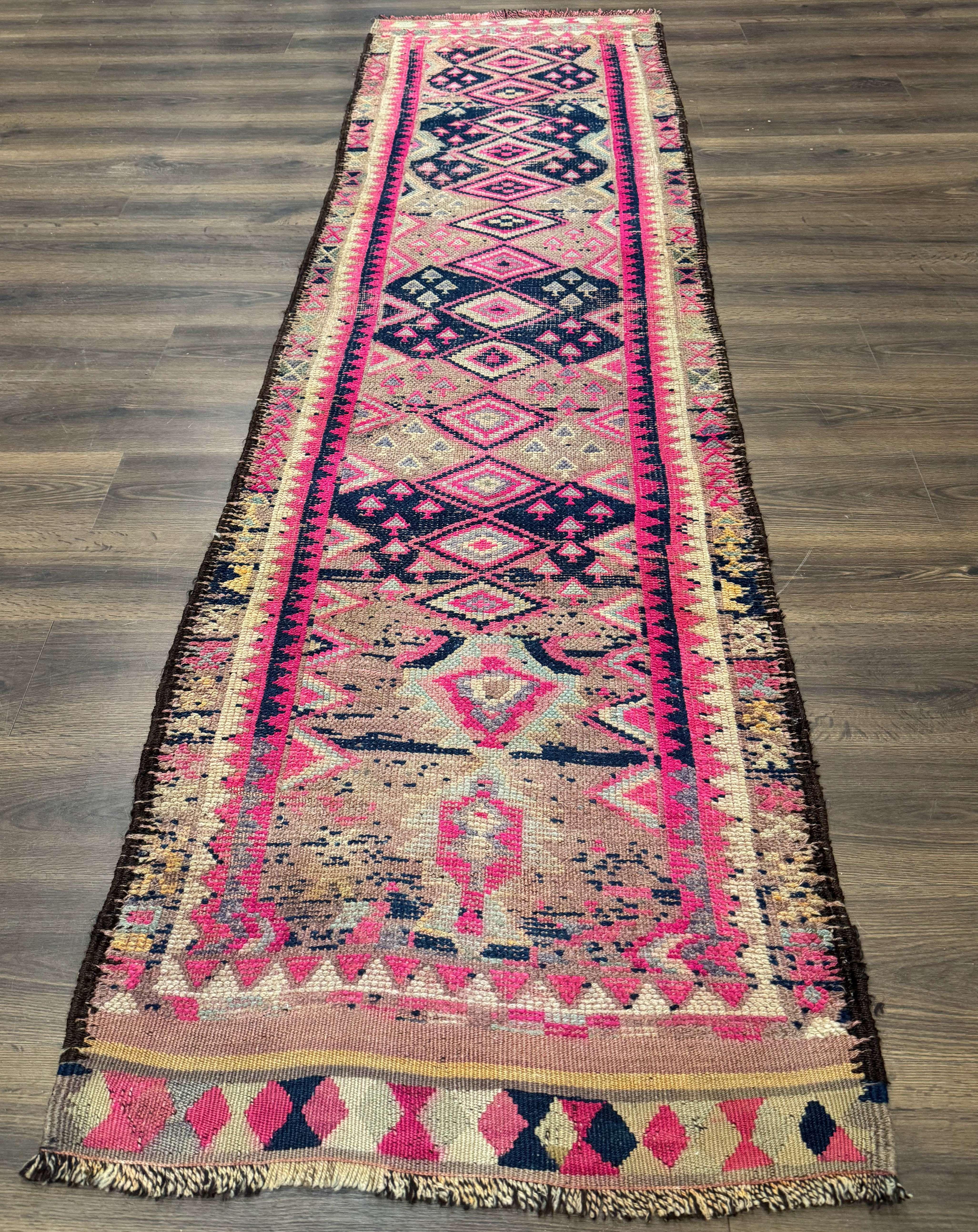 Turkish Runner Rug 3x10, Pink and Navy Blue, Bohemian Runner for Hallway or Kitchen, Vintage, Geometric, Tribal - Jewel Rugs