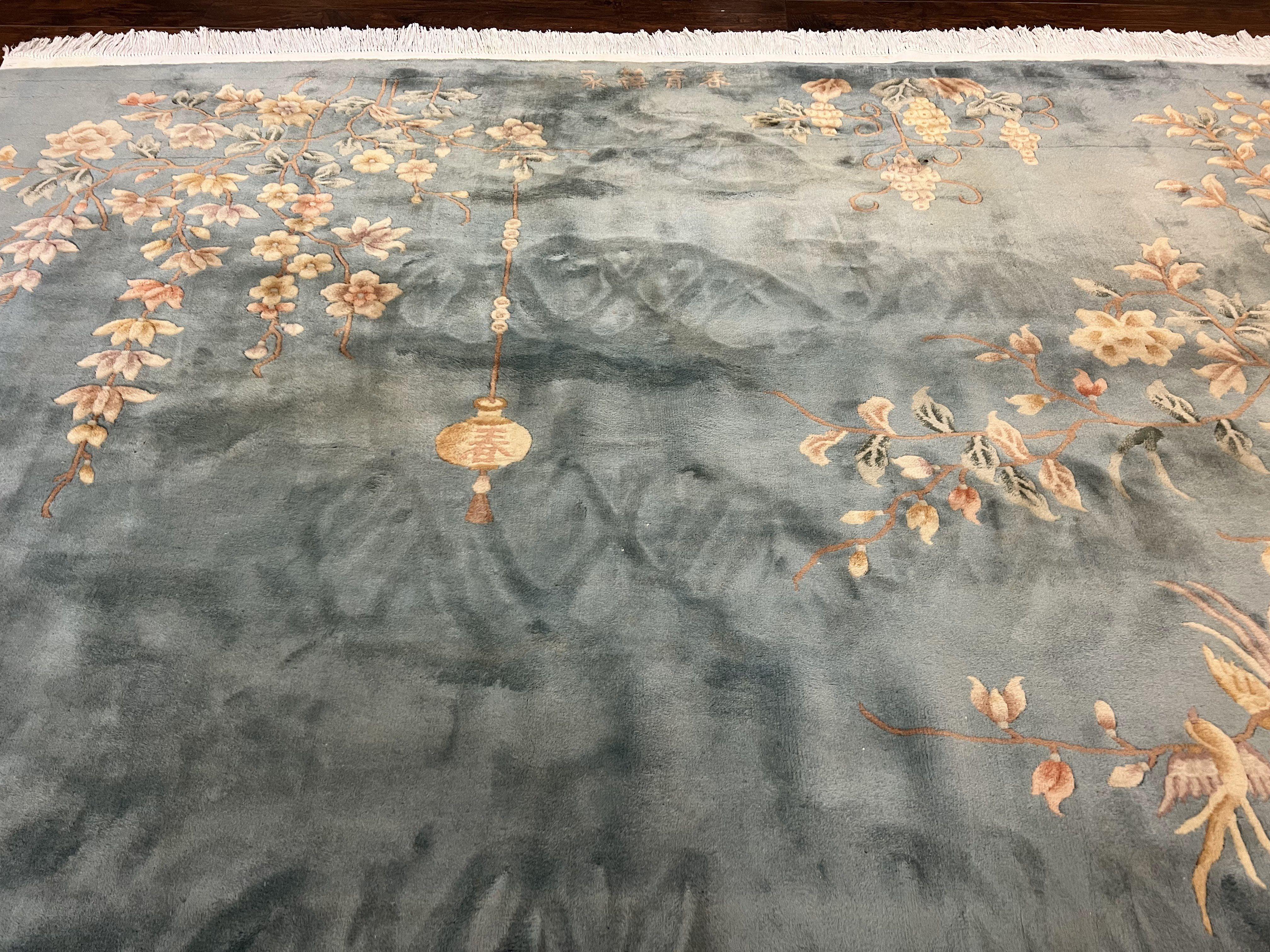 Chinese Wool Rug 9x12, Art Deco Carpet 9 x 12, Wool Handmade Vintage 90 Line Carving Rug, Floral Simple Design - Jewel Rugs