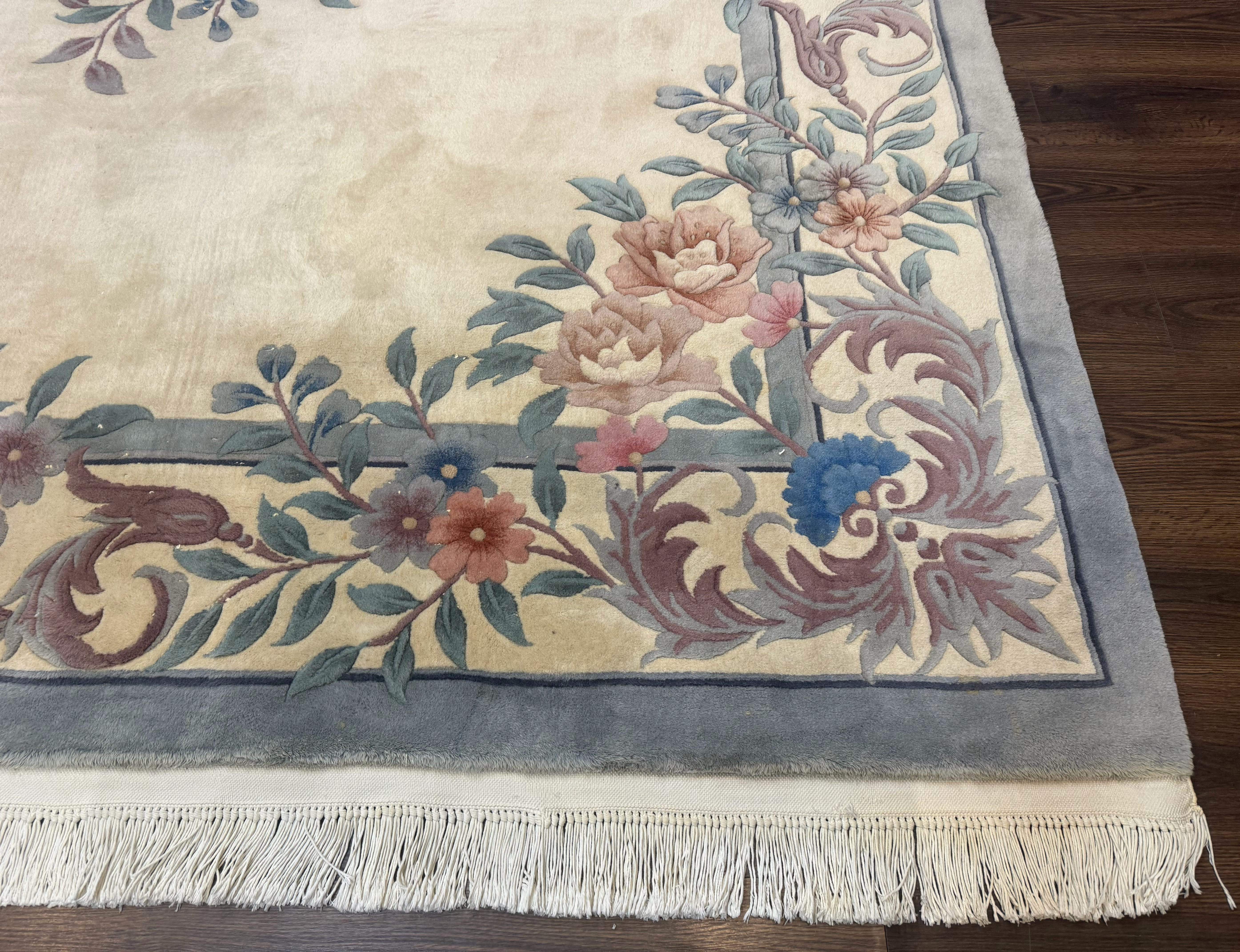 Chinese Wool Rug 9x12 – Ivory, Hand-Knotted Wool Vintage 90 Line Carpet - Jewel Rugs