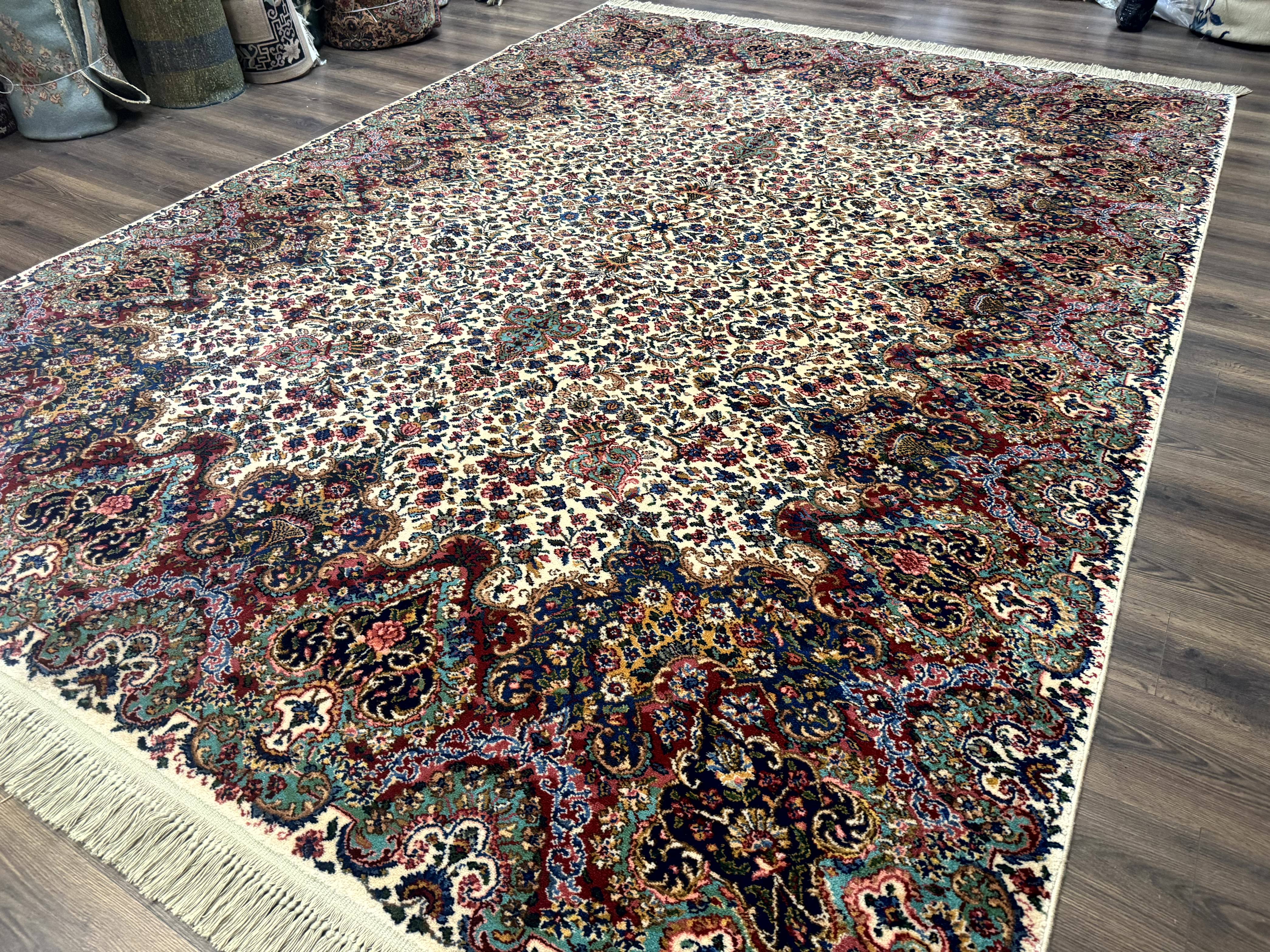 Karastan Ivory Kirman Rug #742, Wool Karastan Carpet 8.8 x 12, Vintage - Jewel Rugs