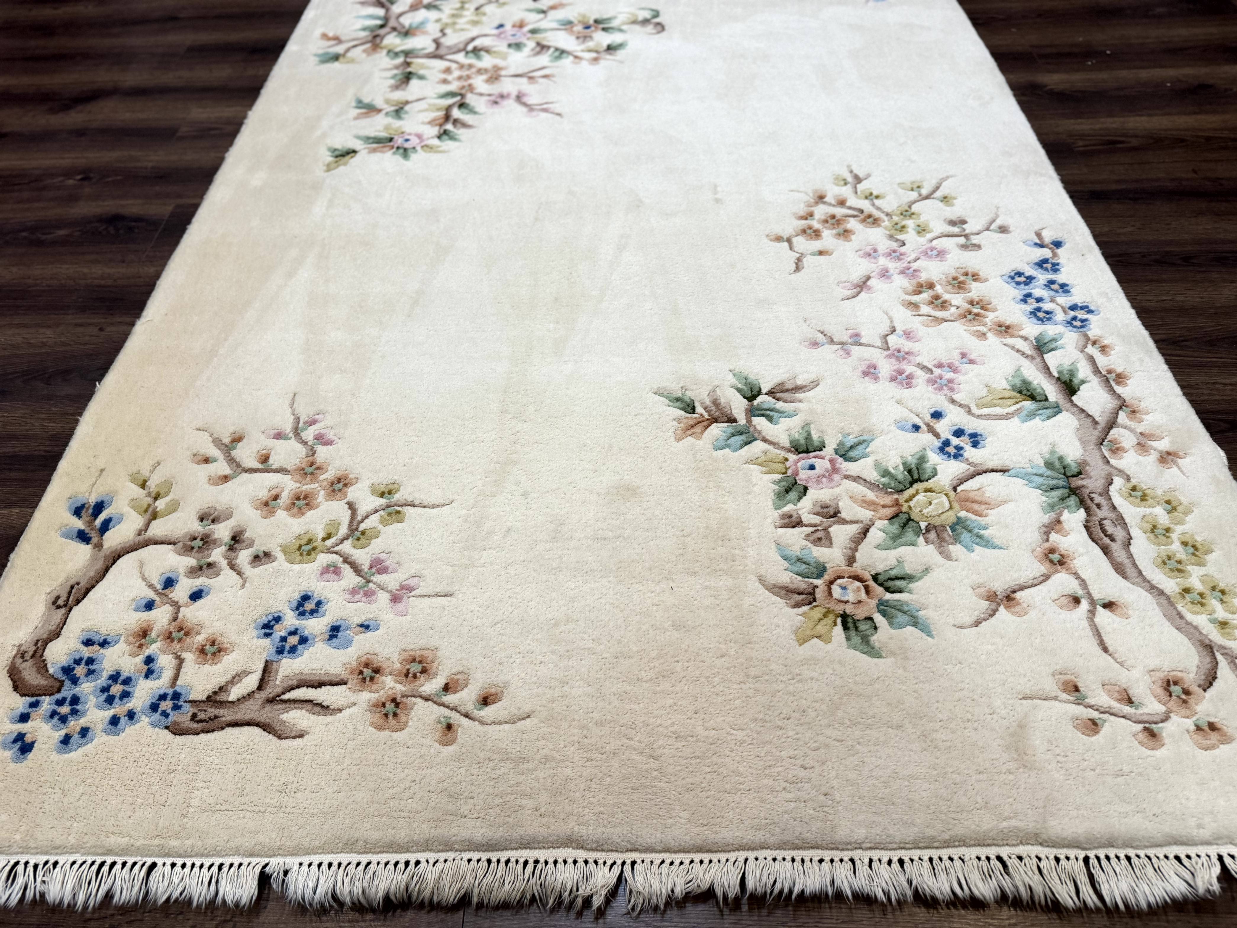 Indo Chinese Wool Rug 5x9, Simple Design, Floral, Ivory, Vintage - Jewel Rugs