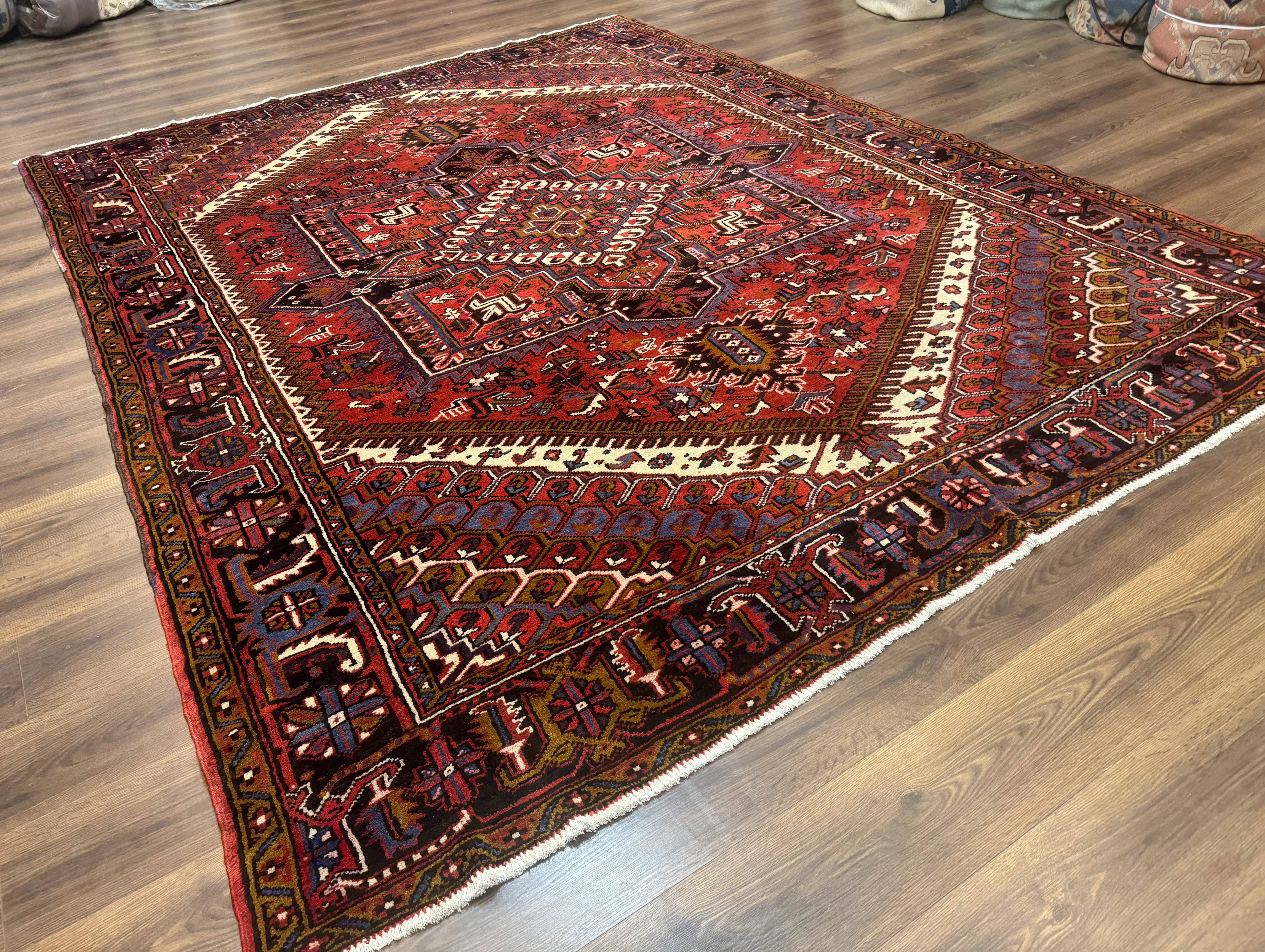 Persian Heriz Rug 8.6 x 11, Geometric Design, Red, Vintage - Jewel Rugs