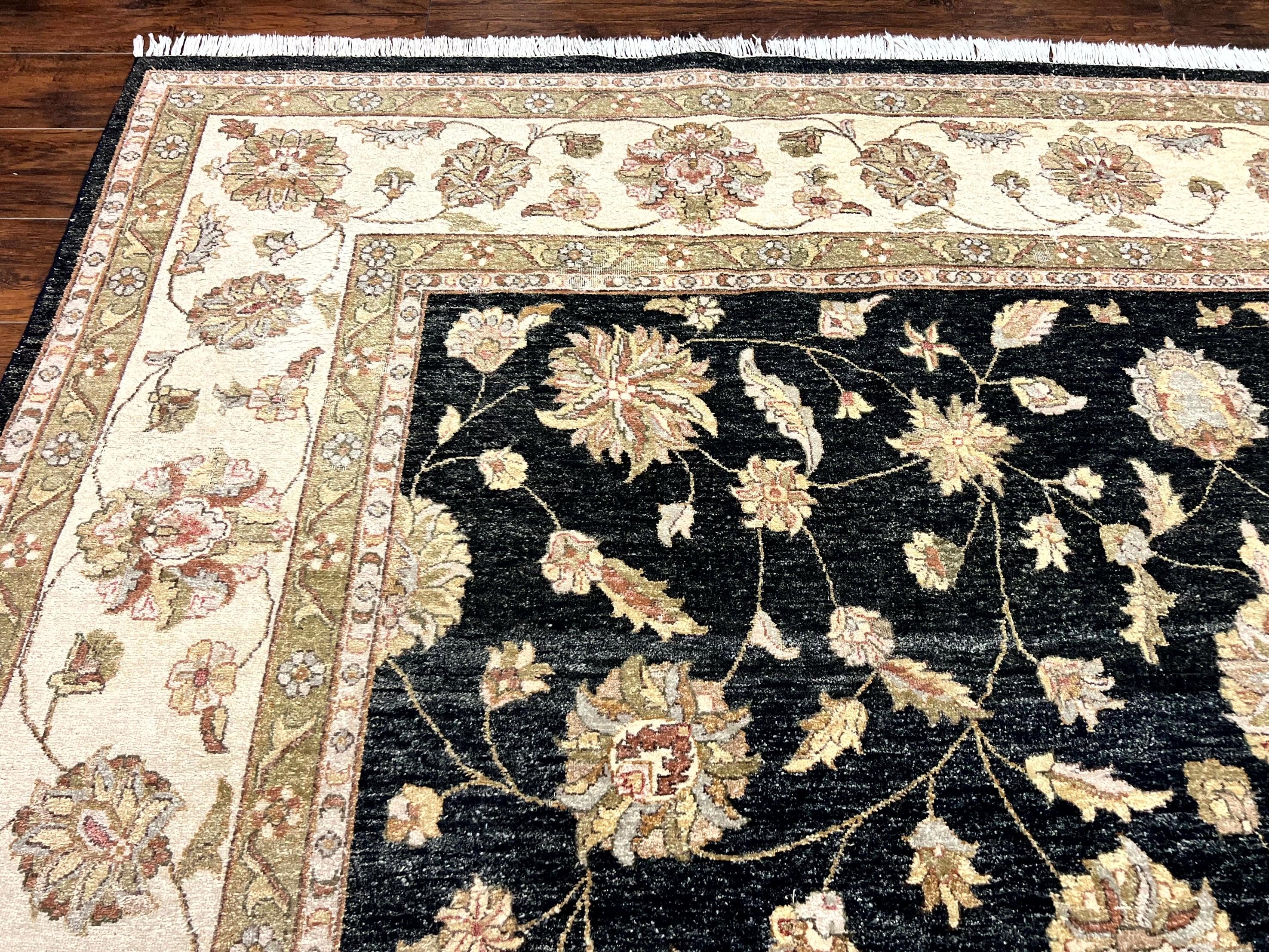 Indo Persian Rug 10x14, Charcoal and Beige, Floral Allover, Handmade Vintage Wool Carpet - Jewel Rugs