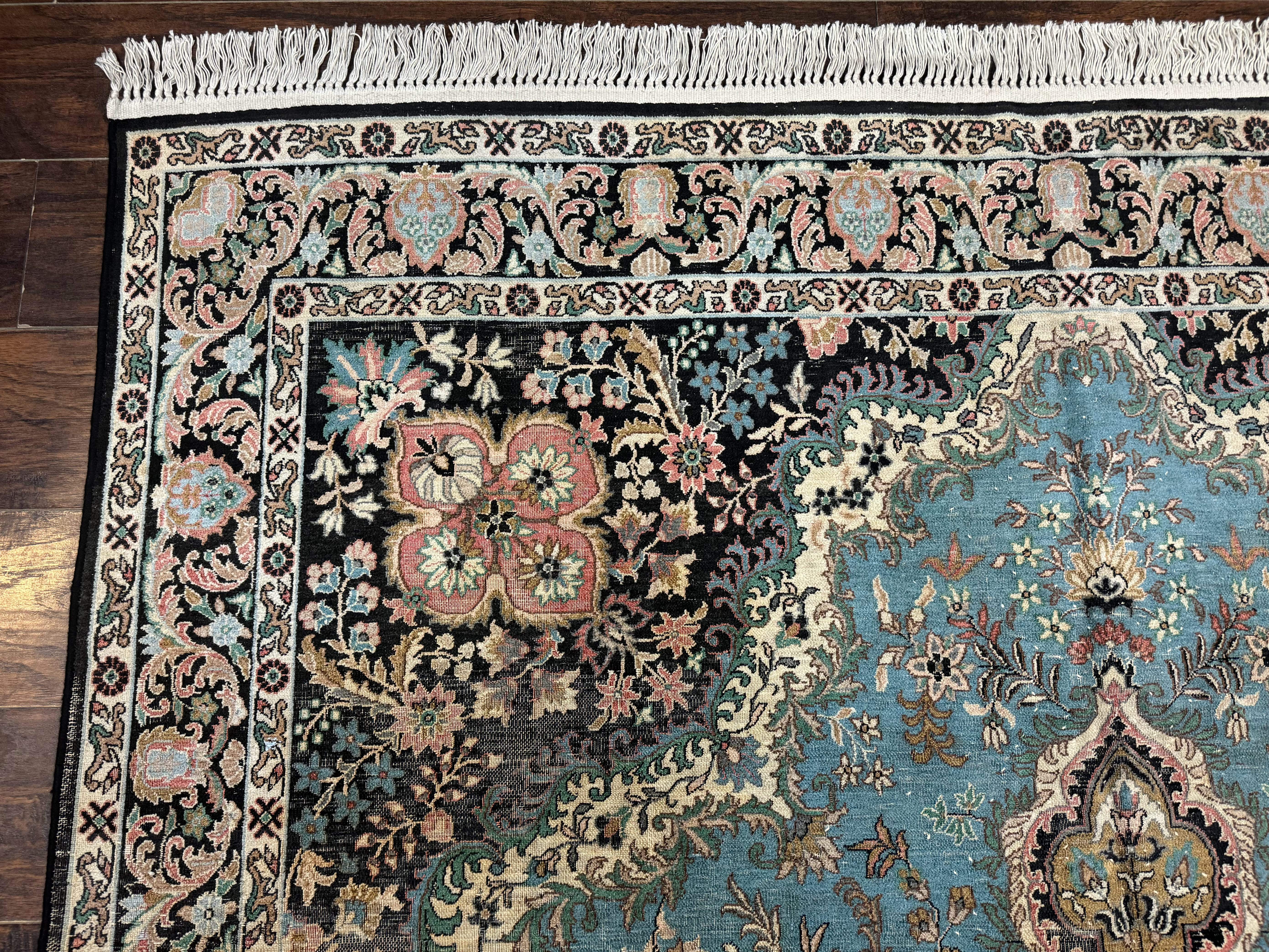 Silk Indian Kashmiri Rug 7x10 – Light Blue, Handmade Vintage Carpet, Low Pile - Jewel Rugs