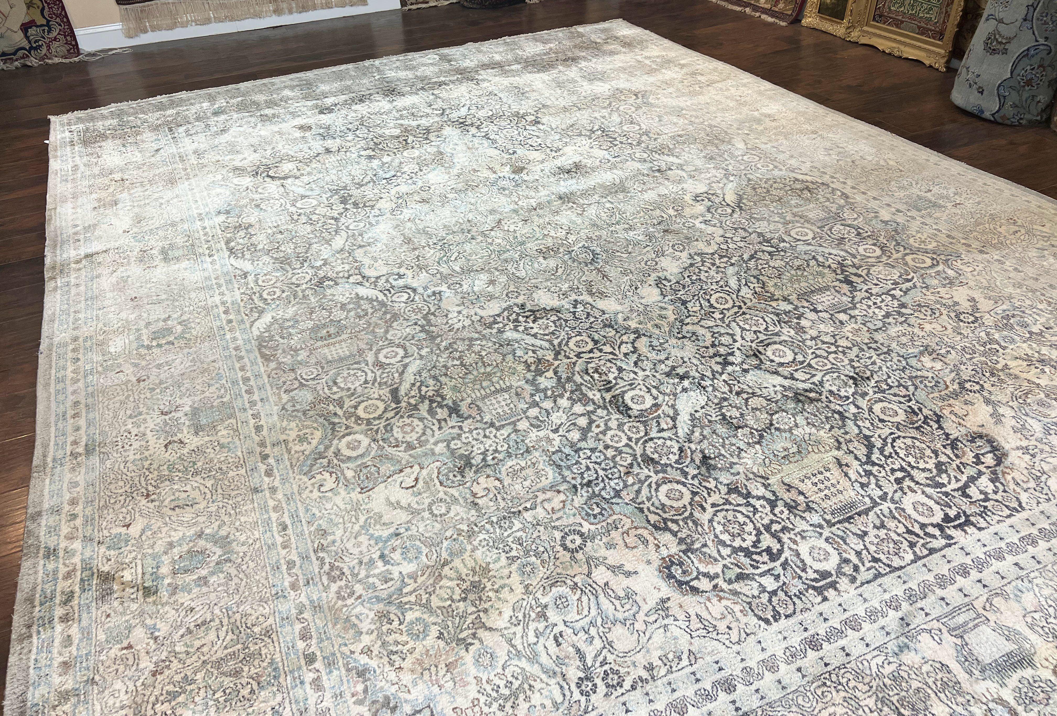 Silk Pak Persian Rug 10x14, Large Fine Silk Carpet 300 KPSI, Dark Gray, Handmade Vintage Rug, Floral, Bird Motifs - Jewel Rugs