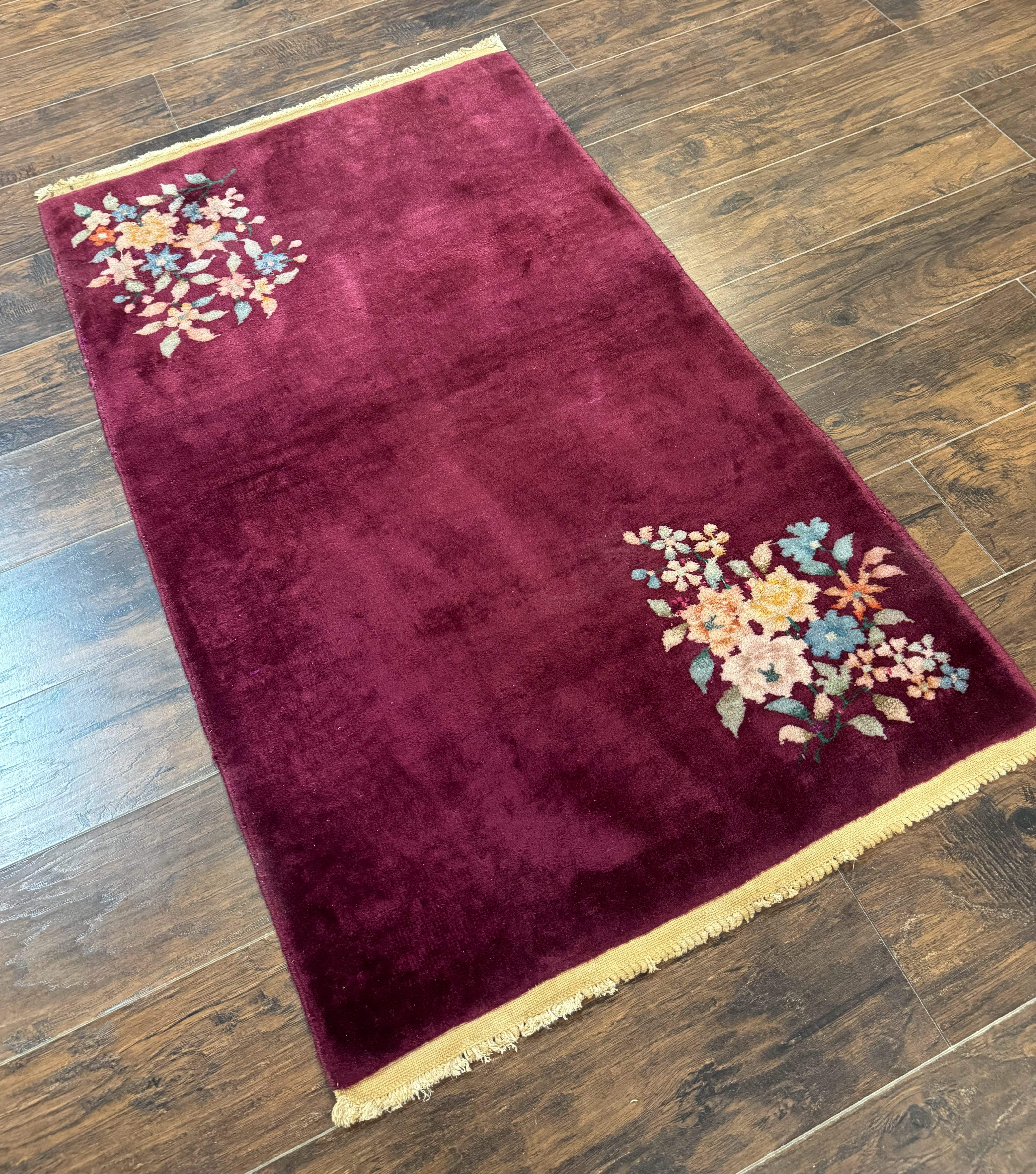 Chinese Nichols Rug 3x5 – Art Deco Carpet, Dark Magenta, Hand-Knotted Wool Vintage Asian Carpet - Jewel Rugs