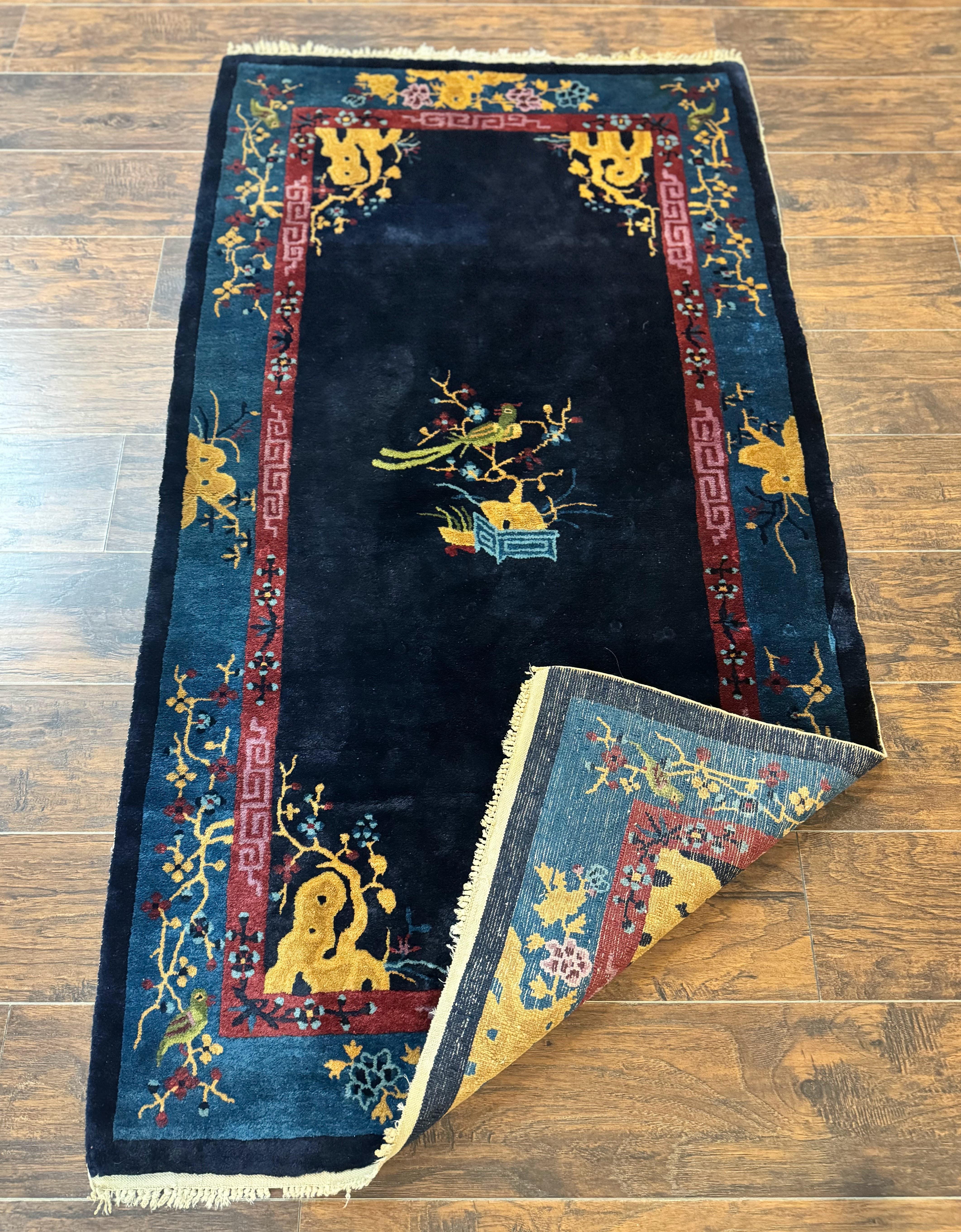 Antique Chinese Peking Rug 3x6, Dark Blue, Bird Motif, Handmade Wool Art Deco Asian Oriental Carpet, Pair B - Jewel Rugs
