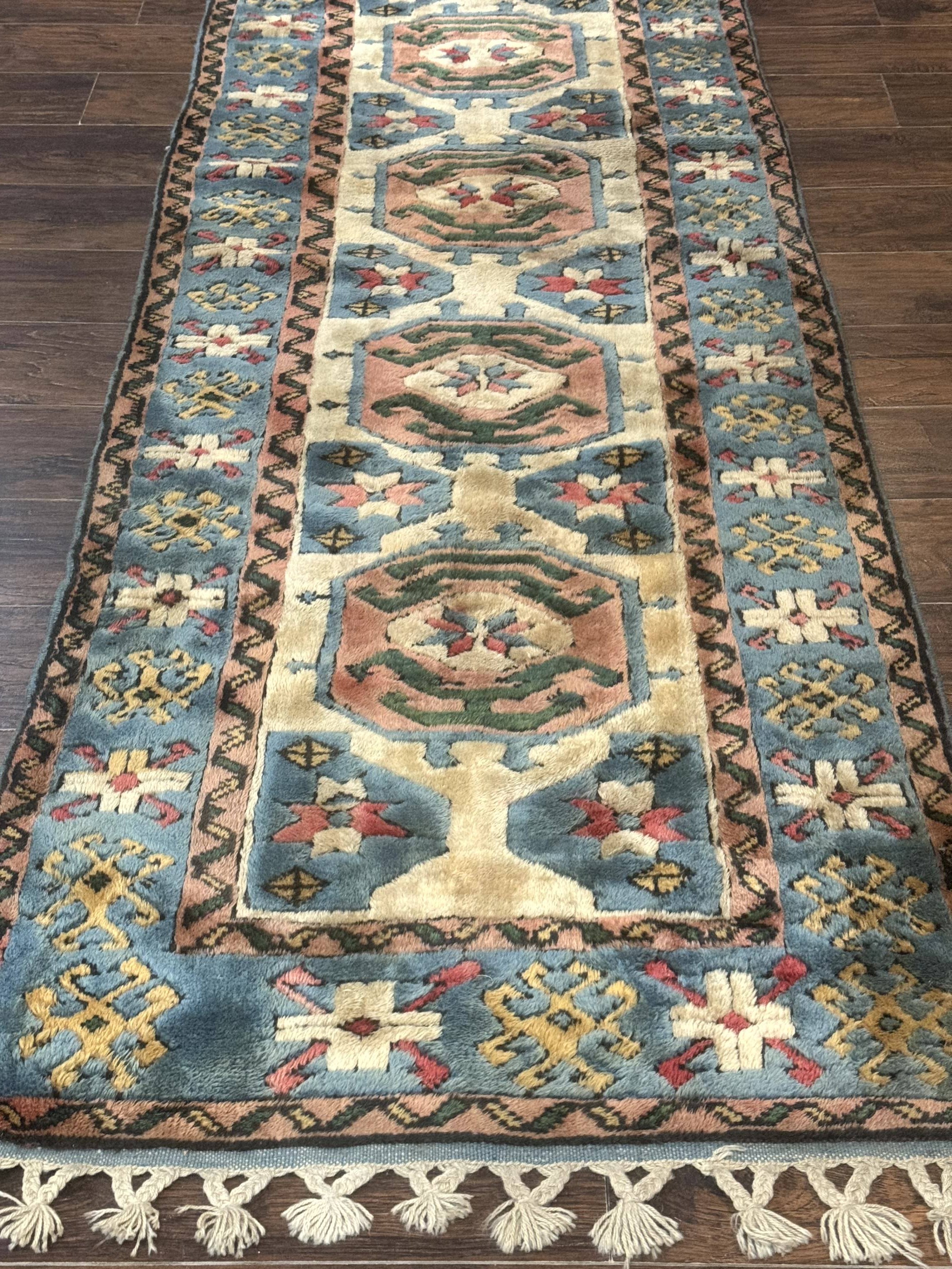 Turkish Kazak Runner Rug 3x11, Cream and Light Blue, Vintage - Jewel Rugs