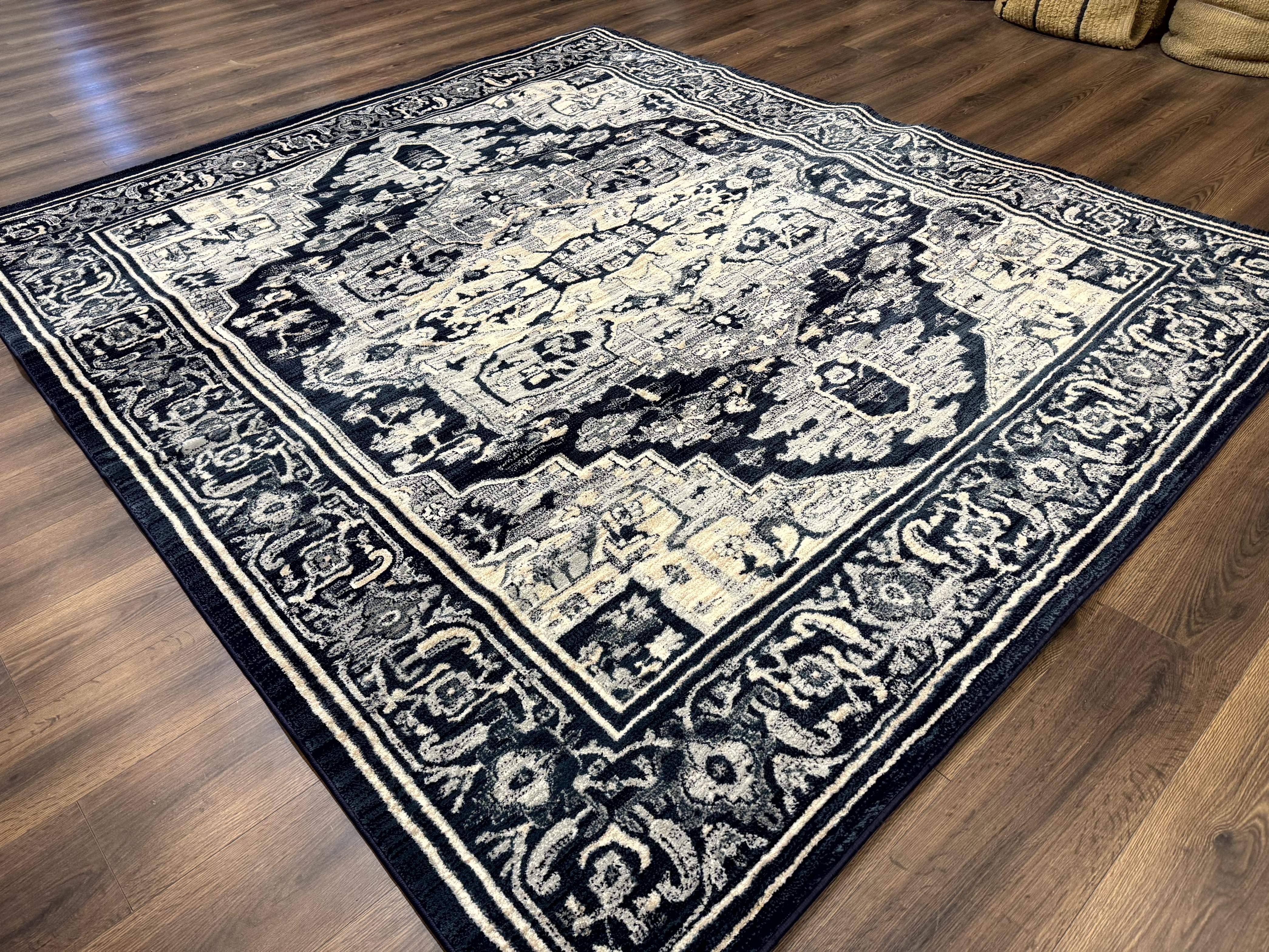 Heriz Pattern Rug 8x10, Modern Heriz Carpet, Geometric Area Rug, Oat and Navy Blue - Jewel Rugs