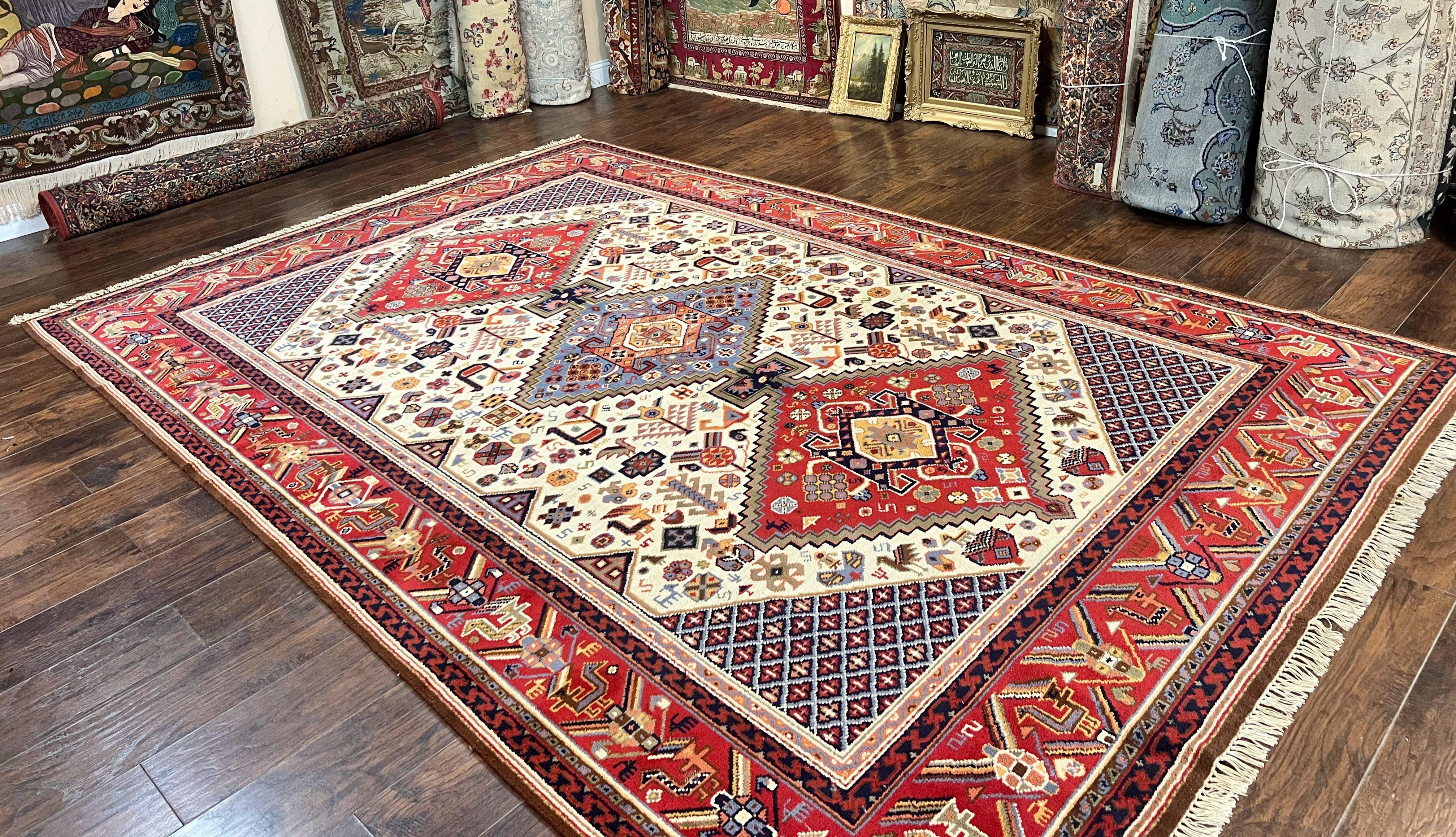 Belgium Power Loomed Rug 8x12, Geometric Medallions Persian Tribal Pattern, Vintage Wool Carpet, Ivory Red Blue - Jewel Rugs