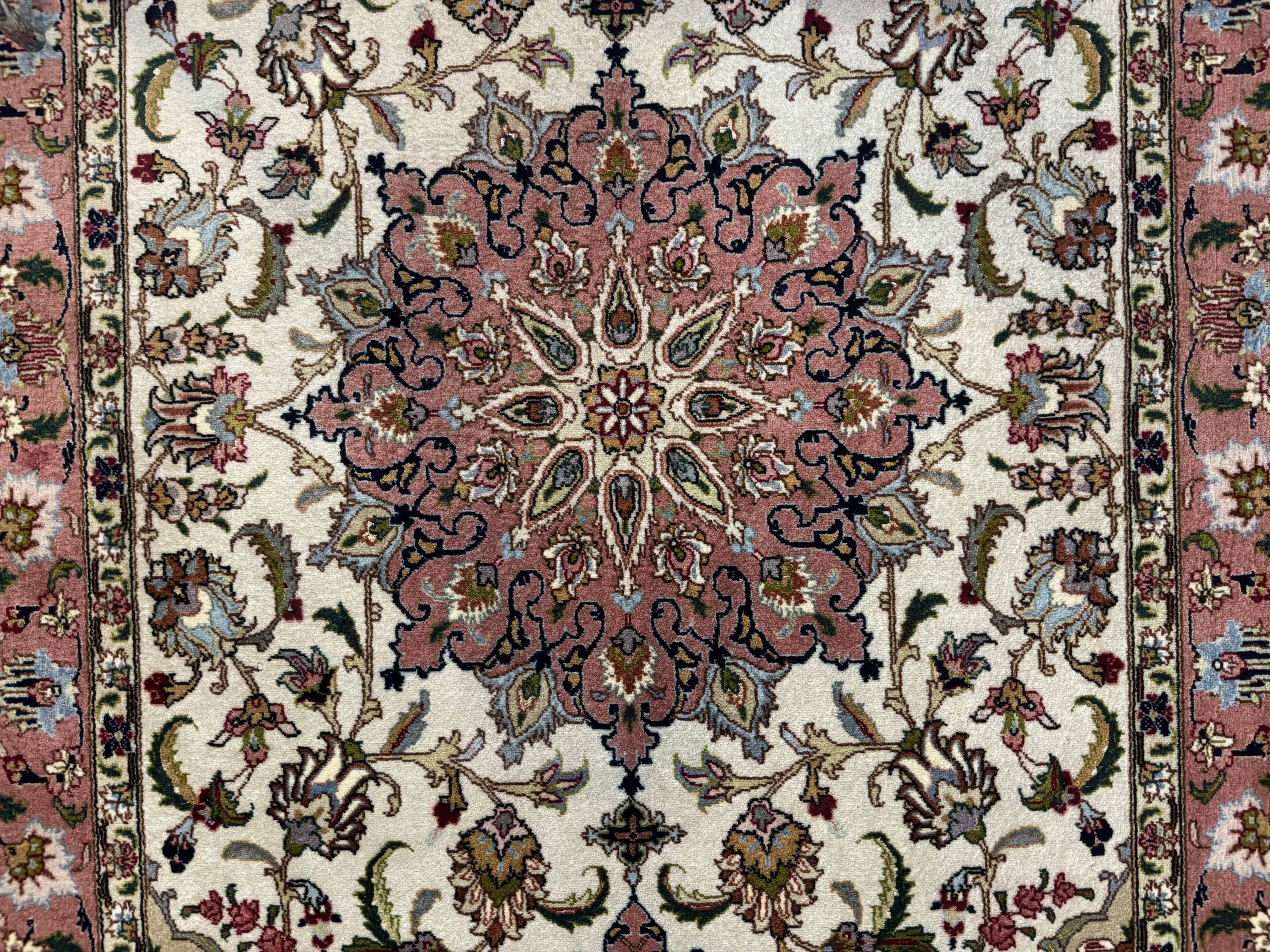 Fine Persian Tabriz Rug 3x5, Floral Medallion, 340 KPSI, Ivory Salmon - Jewel Rugs