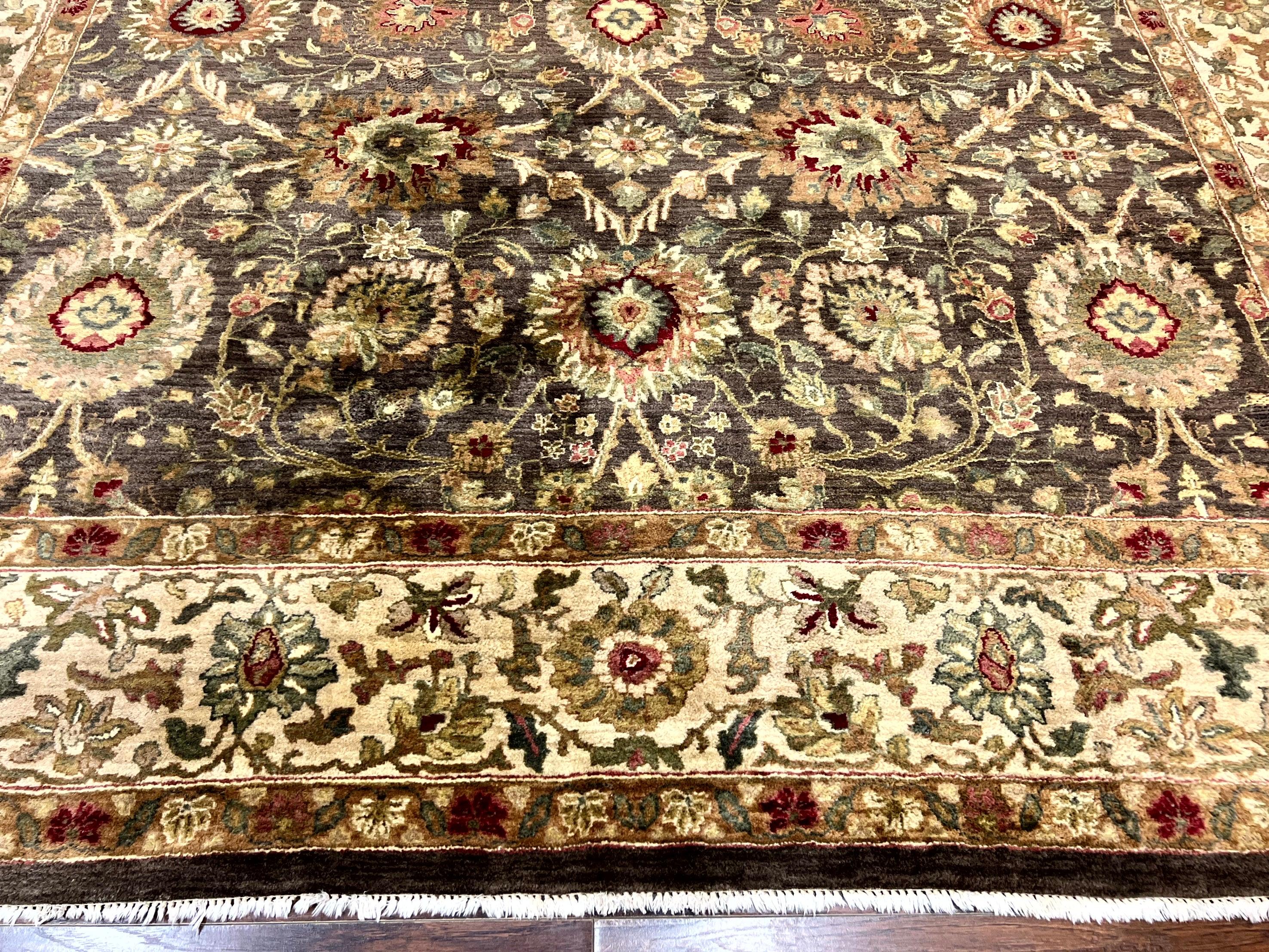 Indo Persian Rug 10x14, Indian Mahal Carpet, Large Wool Hand Knotted Carpet, Traditional Rug, Floral Allover, Dark Brown - Jewel Rugs