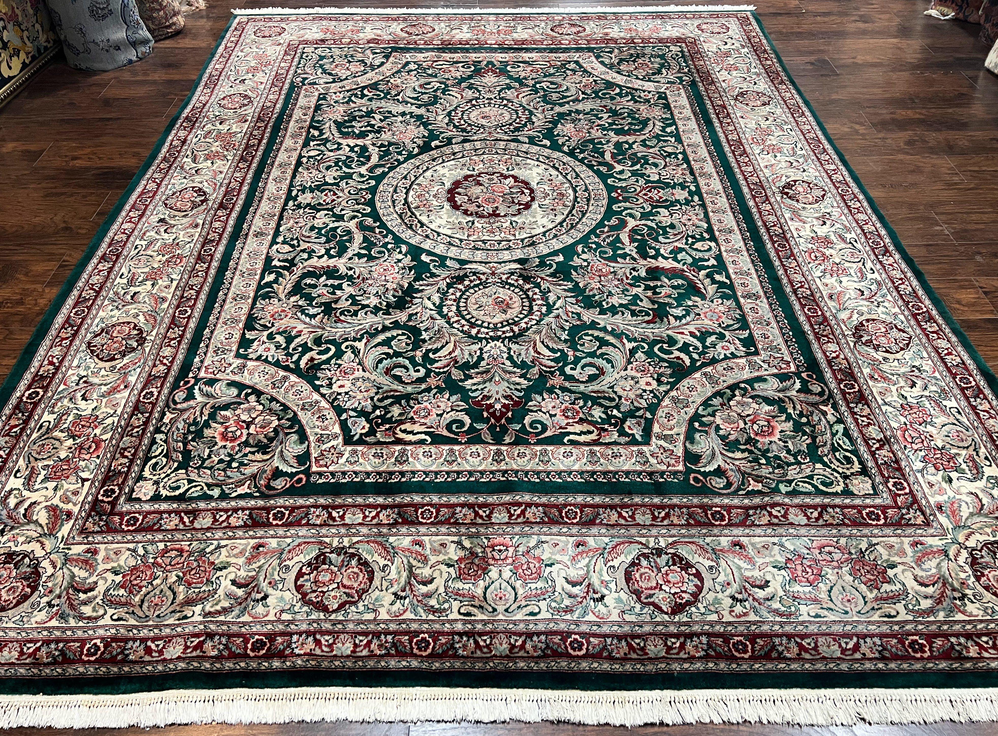 Pak Persian Rug 9x12, Dark Green and Cream, Floral Medallion, Elegant Handmade Wool Carpet 9 x 12 - Jewel Rugs