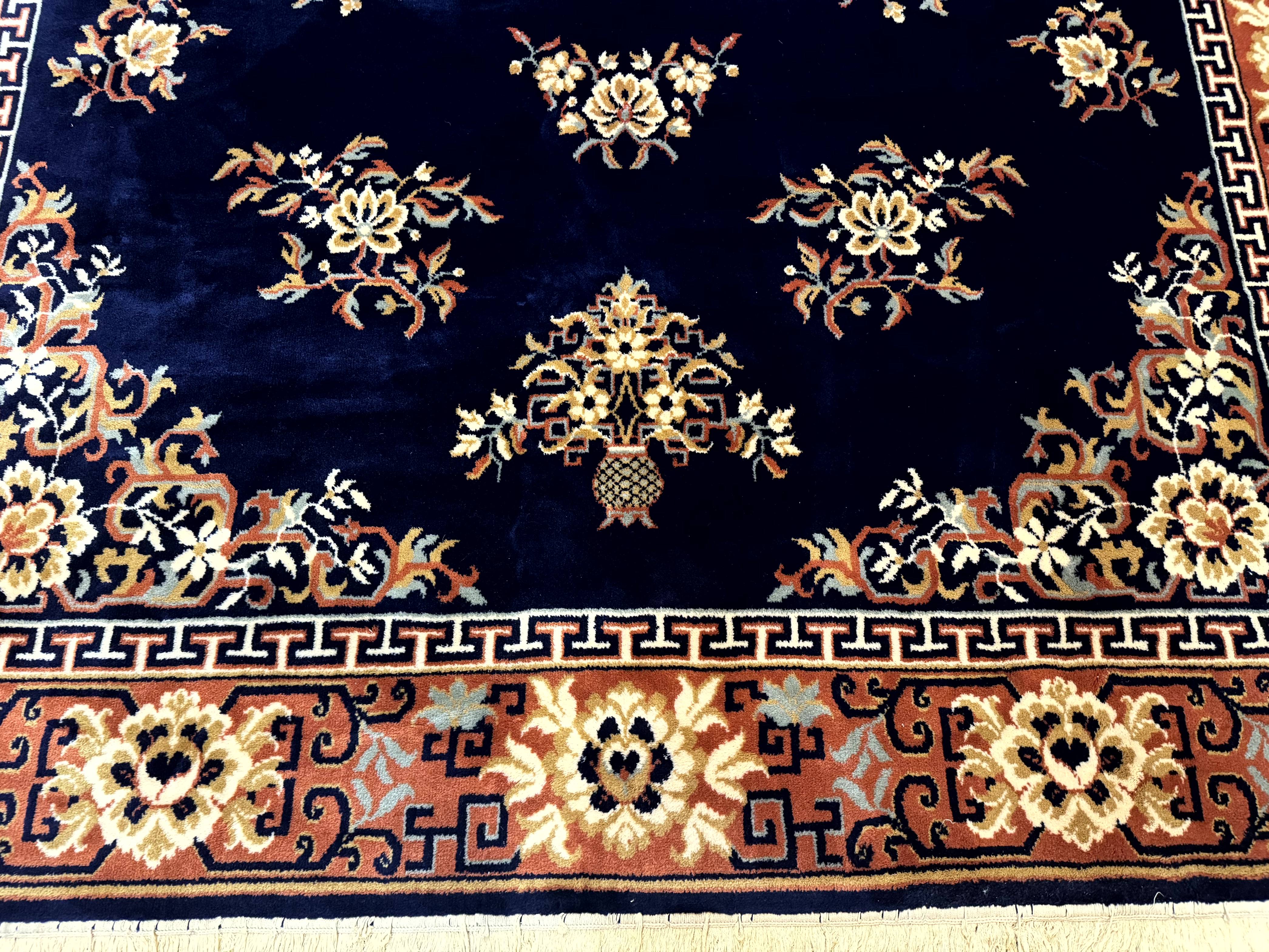 Chinese Wool Rug 8x11, Navy Blue and Terracotta, Floral, Couristan Belgium Power Loomed Carpet - Jewel Rugs