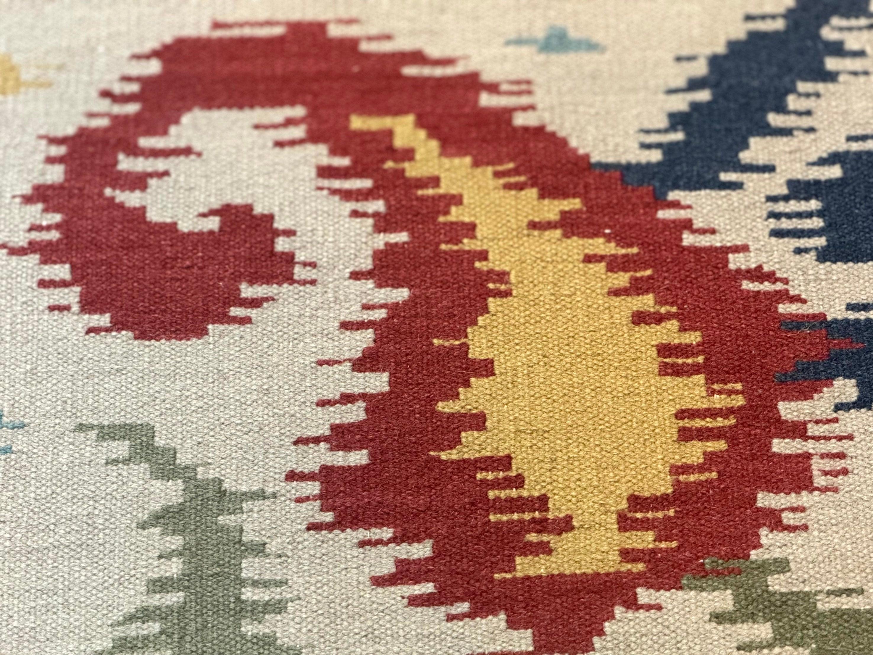 Indian Kilim Flatweave Rug 3x5, Abstract, Beige and Multicolor Flowers, Handmade - Jewel Rugs