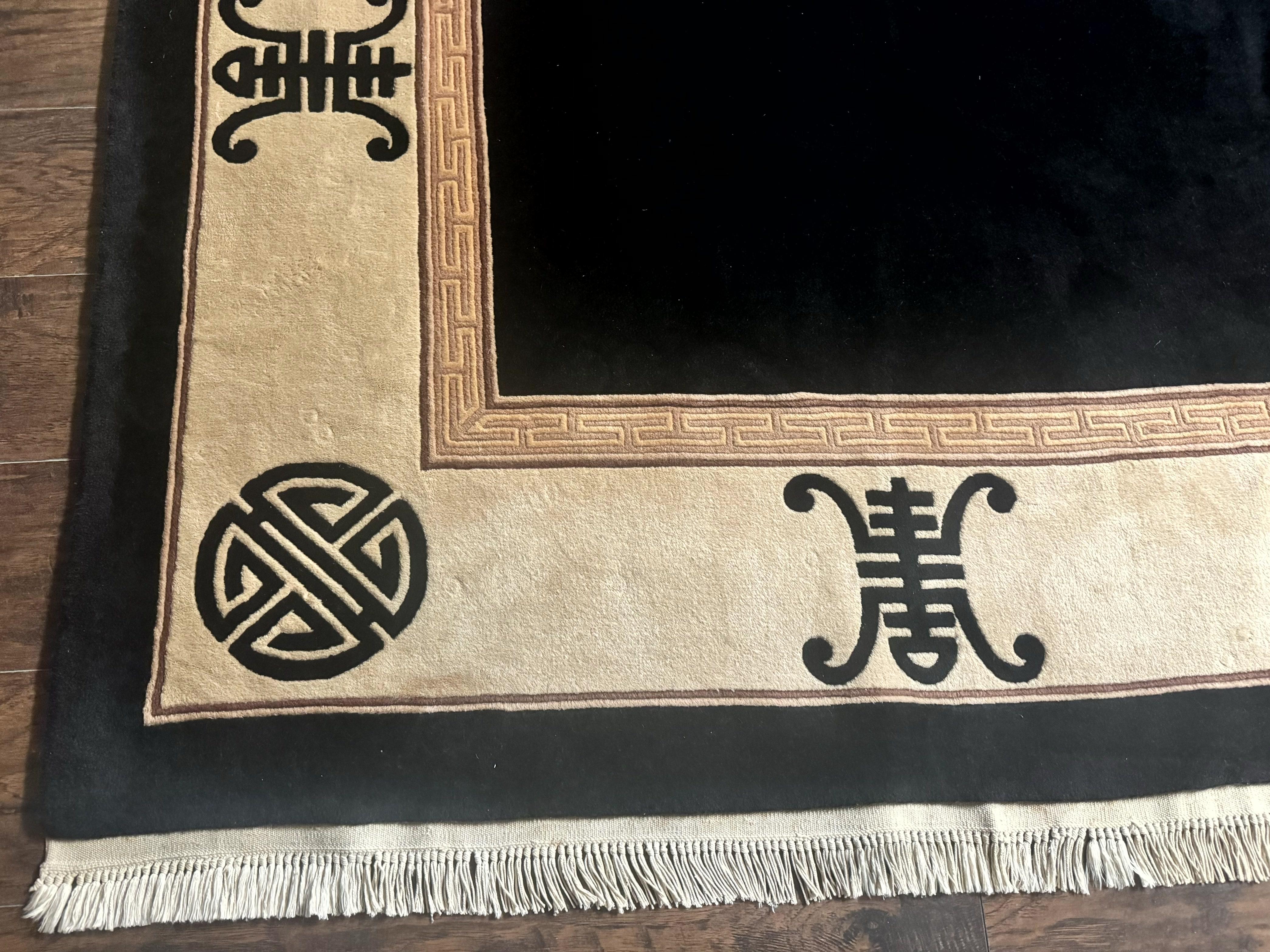 Black Chinese Wool Rug 9x12, Vintage Asian Oriental Carpet, Open Field Simple Design, Black and Beige - Jewel Rugs