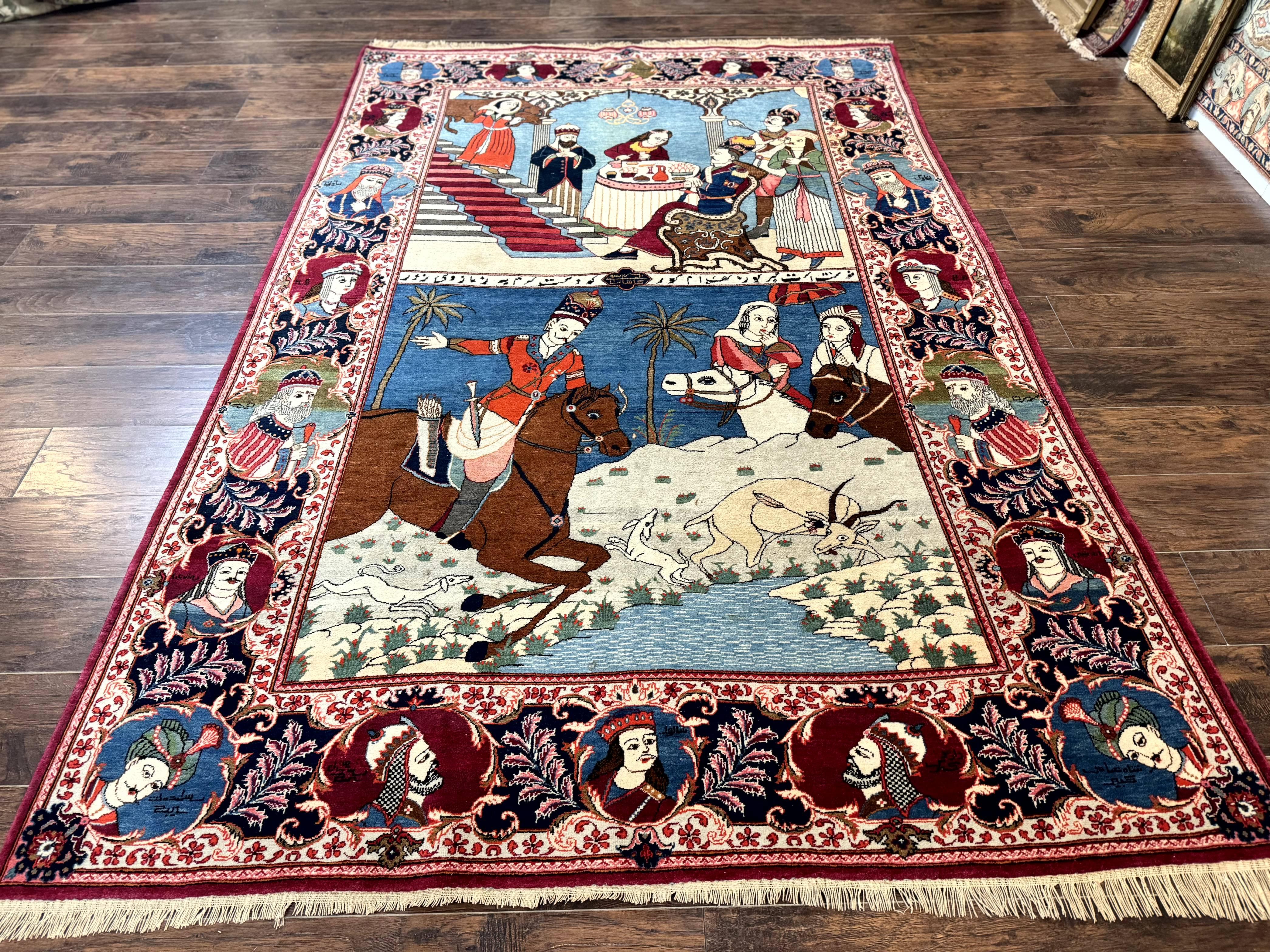 Rare Persian Kashan Pictorial Rug 6x9, King Bahram Hunting Scene, Persian Kings, Hand Knotted Persian Rug for Wall Hanging, Antique, Wool - Jewel Rugs