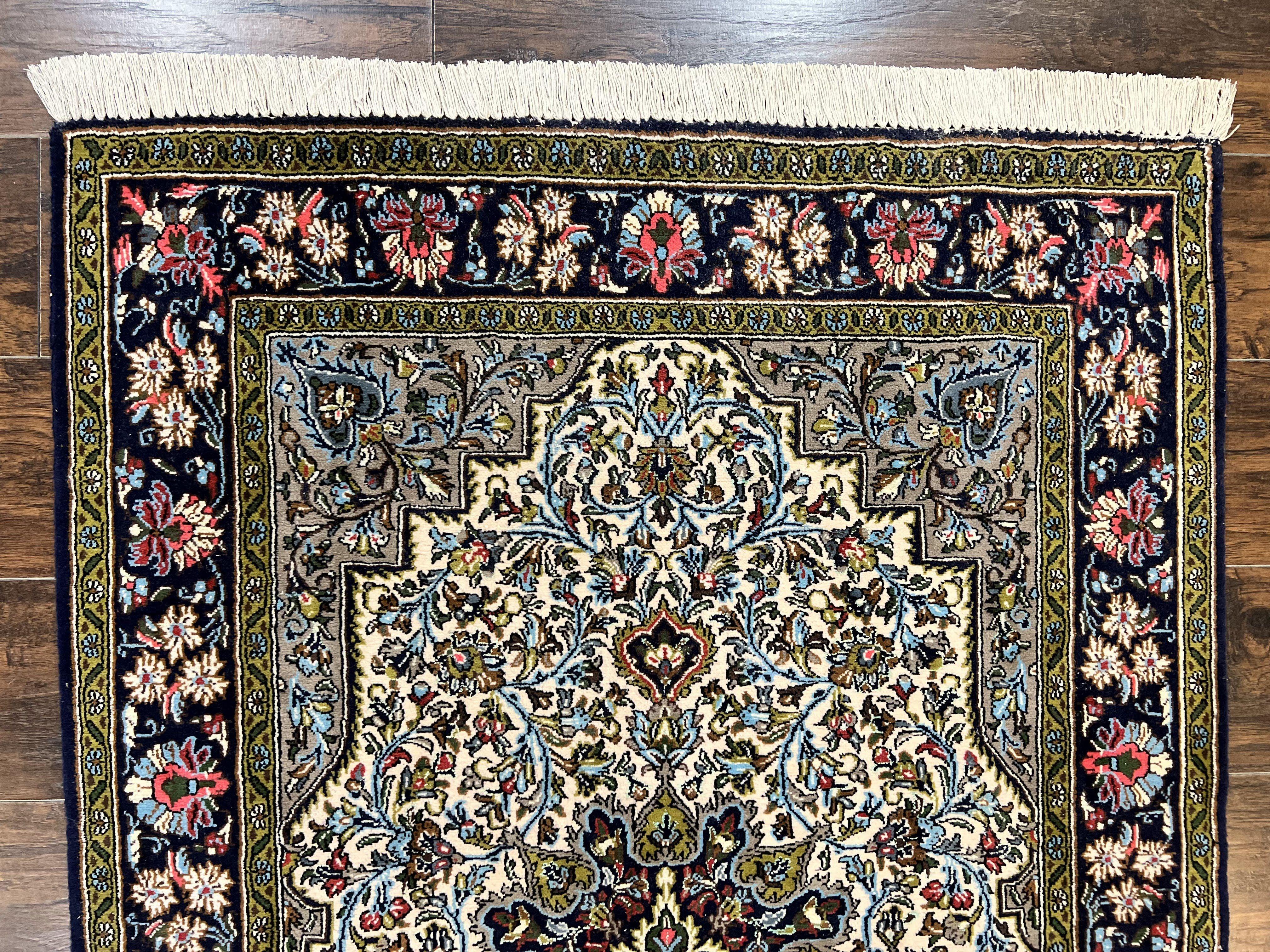 Persian Qum Rug 3x5, Wool with Silk Highlights, Handmade Semi Antique Carpet, Ivory & Navy Blue, Floral Medallion, Finely Hand Knotted - Jewel Rugs