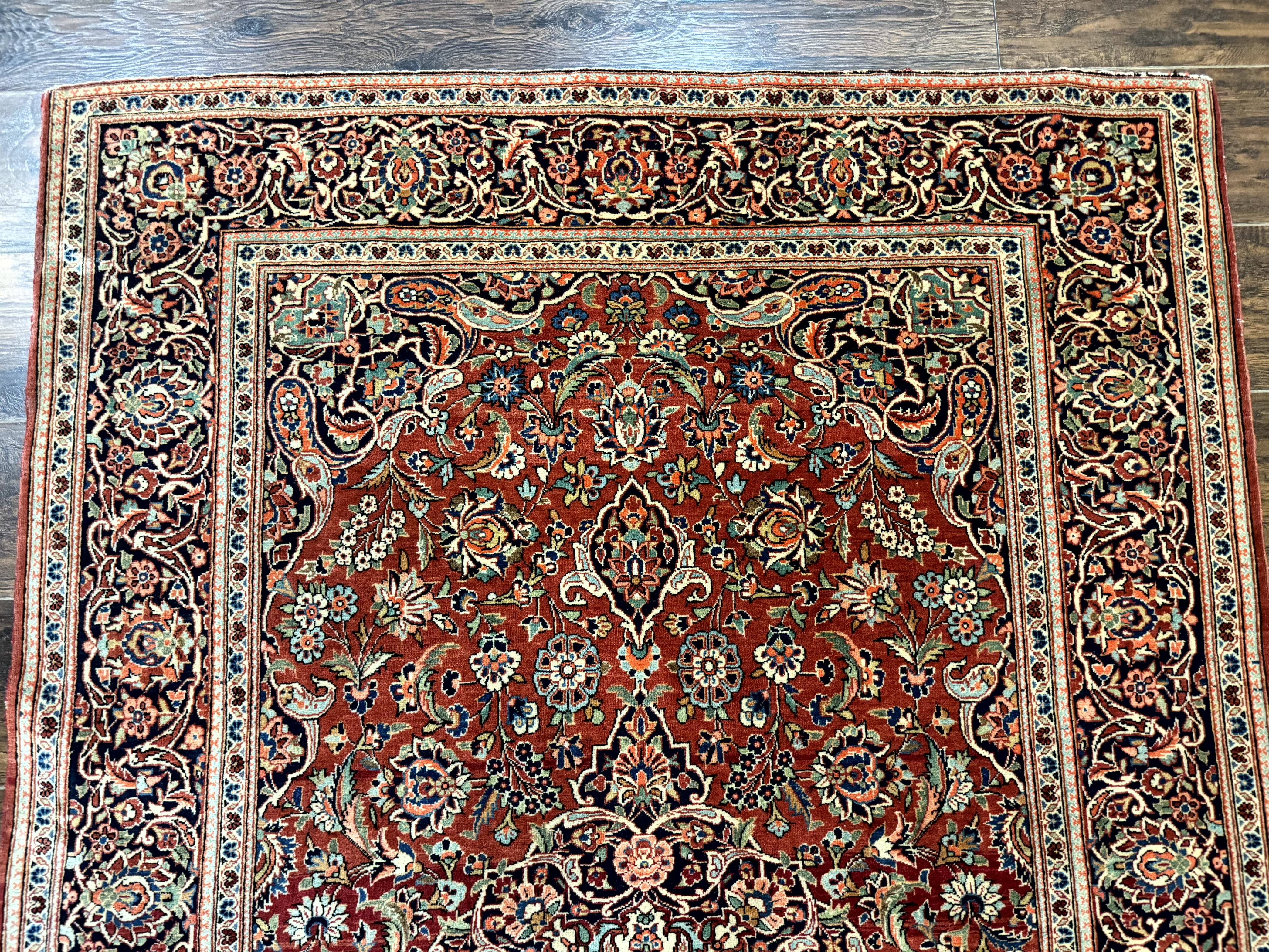 Persian Kashan Rug 4x7, Red and Navy Blue, Floral Antique Carpet - Jewel Rugs