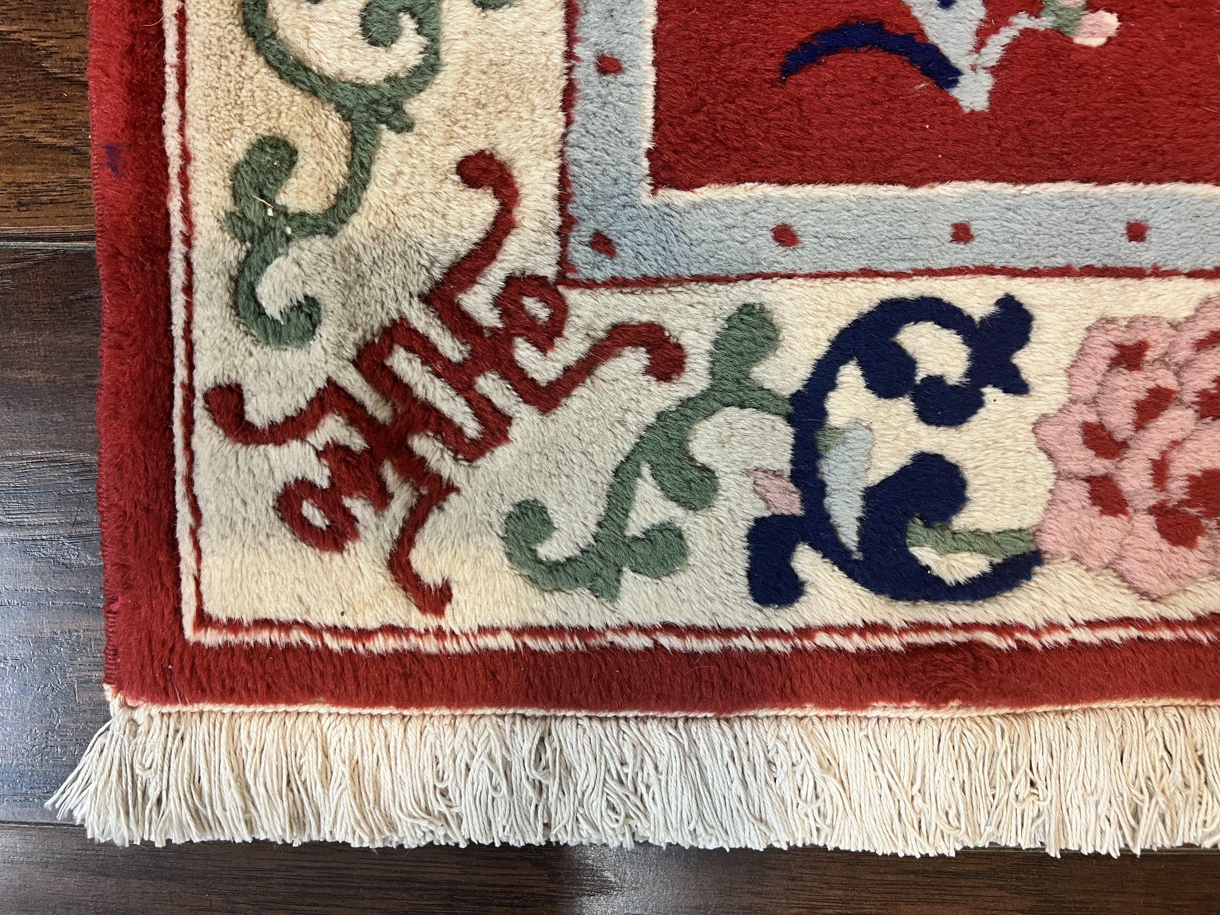 Chinese Wool Runner Rug 2x11, Red and Cream, Butterflies, Handmade Vintage Wool Asian Oriental Carpet 2 x 11, Chinese Carving Rug, 120 Line - Jewel Rugs