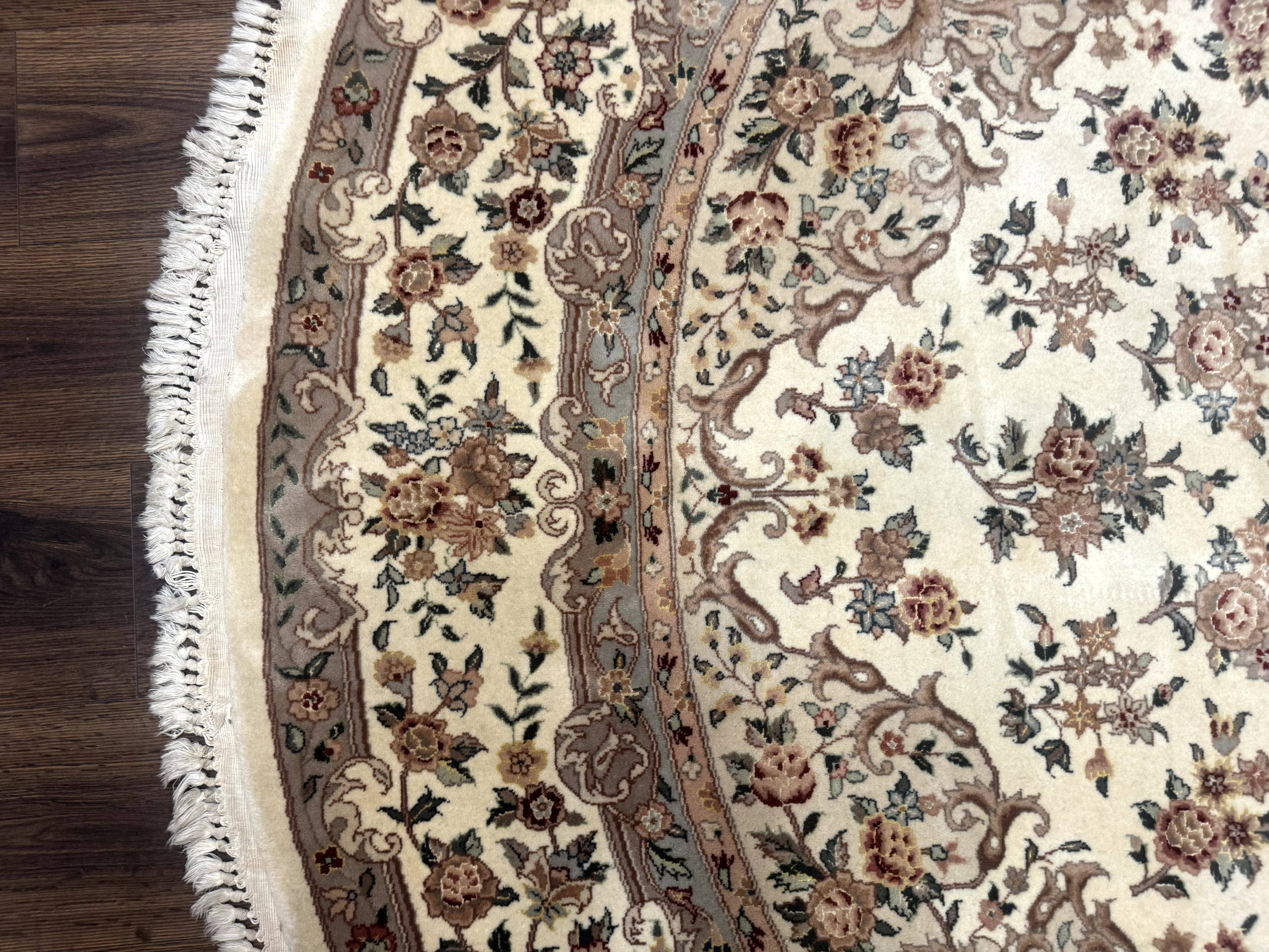 Round Sino Persian Rug 8x8 ft, Wool and Silk, Fine 200 KPSI, Ivory - Jewel Rugs