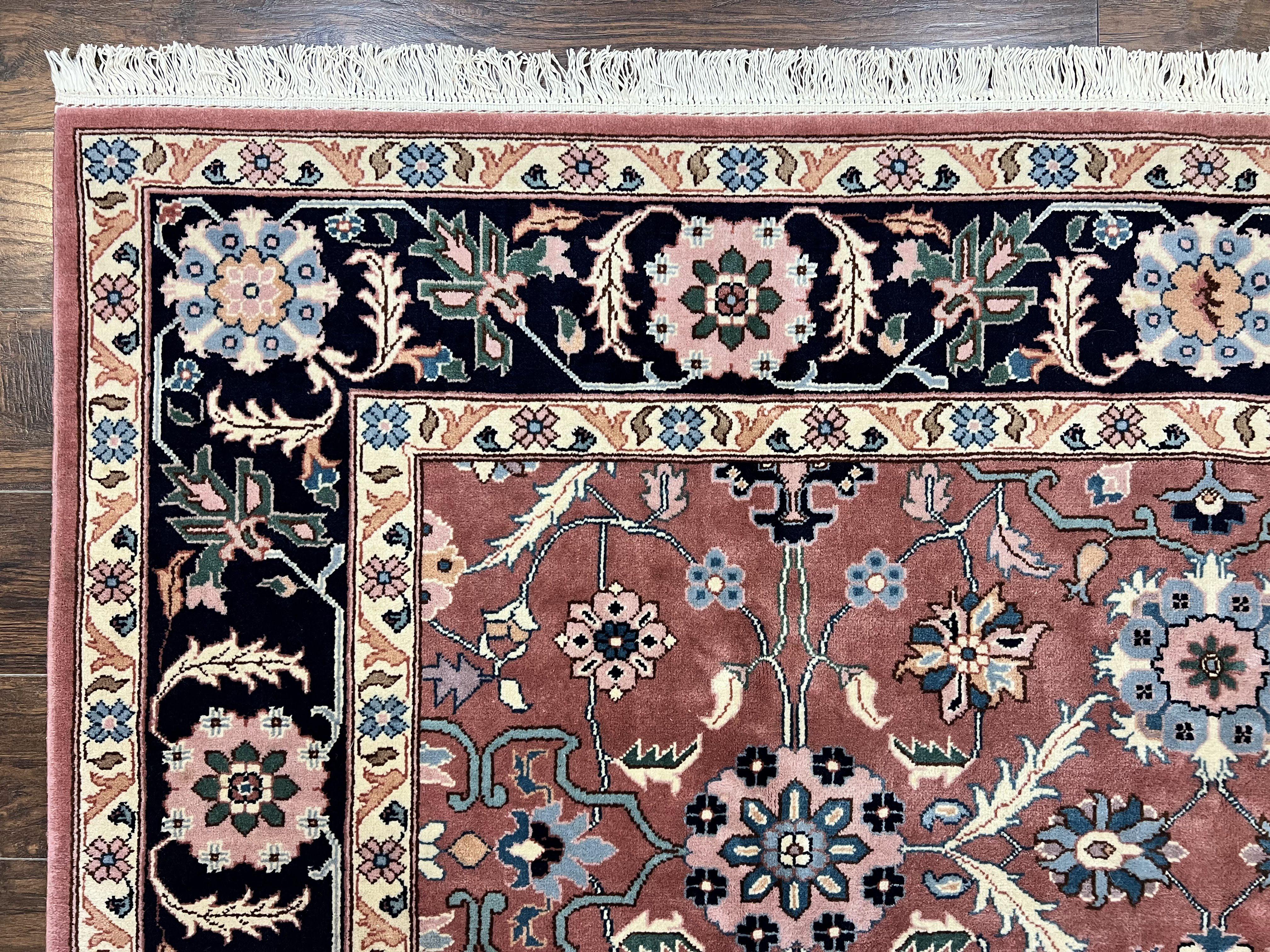 Indo Persian Square Rug 8x8 ft, Pink and Navy Blue, Allover Pattern, Handmade Vintage Wool Carpet - Jewel Rugs