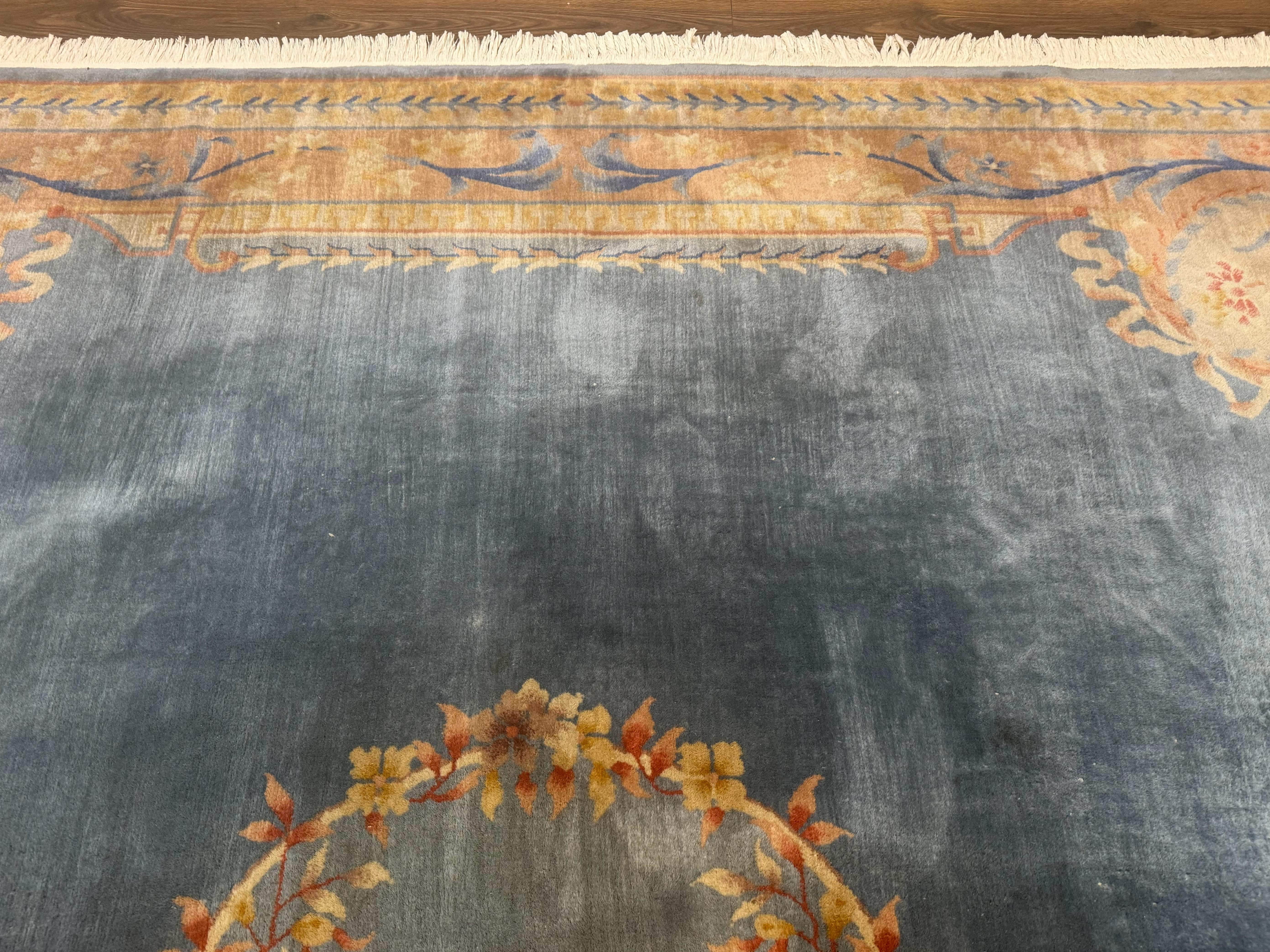 Chinese Aubusson Wool Rug 9x11, Light Blue and Salmon, Hand Knotted, Soft Pile - Jewel Rugs