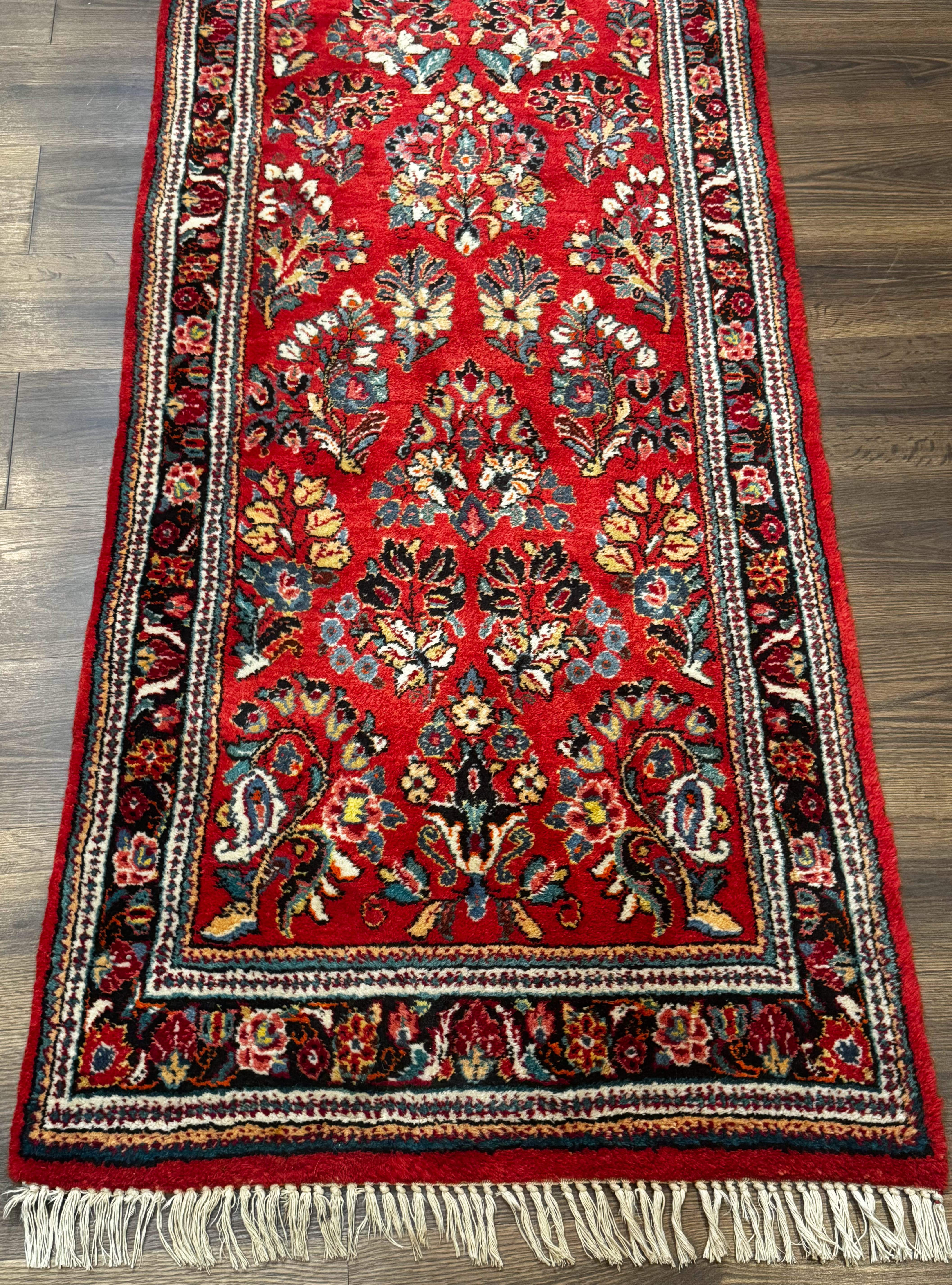 Persian Sarouk Runner Rug 3x12, Red Floral 3 x 12ft Runner, Vintage, Wool - Jewel Rugs