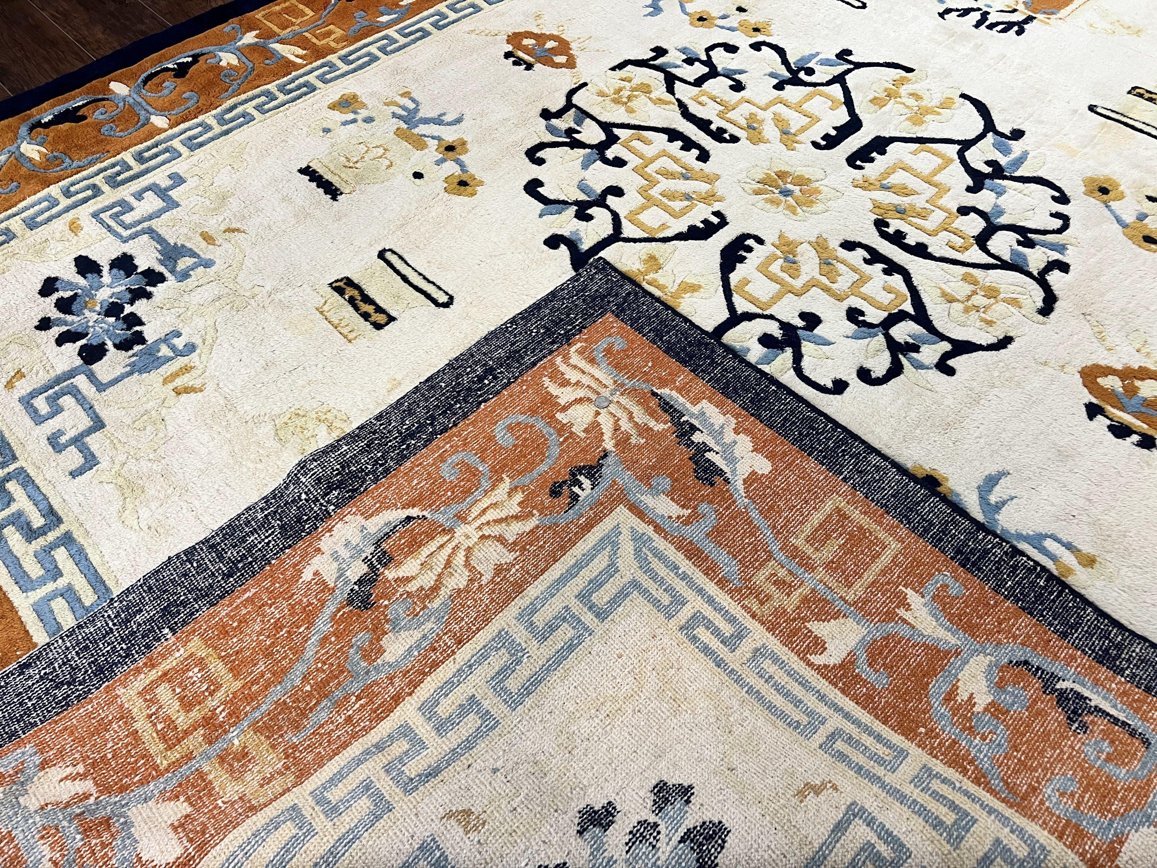 Indo Chinese Rug 9x12, Asian Oriental Carpet 9 x 12, Cream & Burnt Orange, Handmade Wool Vintage Art Deco Rug - Jewel Rugs