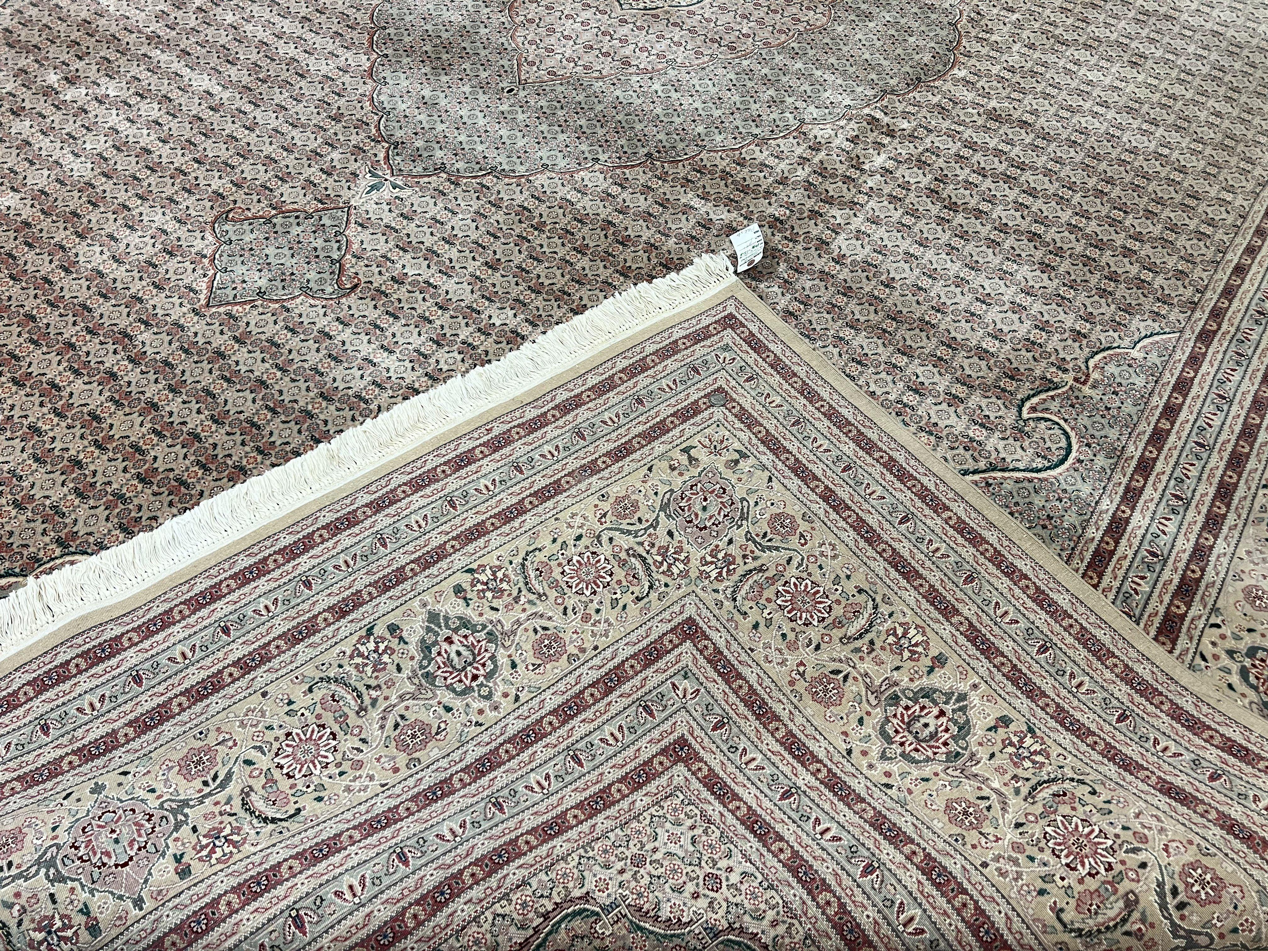 Pak Persian Rug 12x15, Wool & Silk Hand Knotted Vintage Carpet, Mahi Herati Pattern, Beige, Traditional Oversized Extra Large Oriental Rug - Jewel Rugs