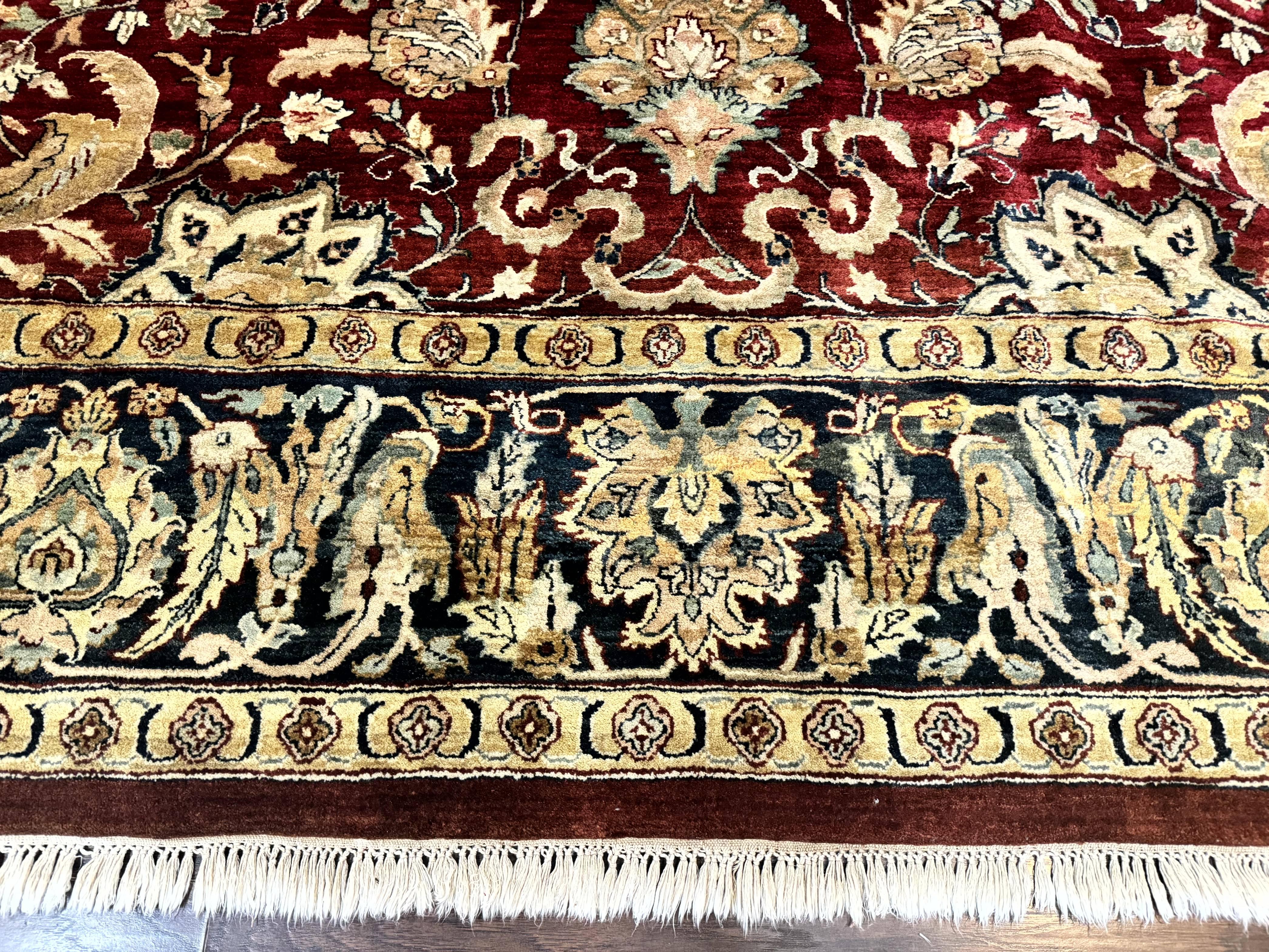 Indo Persian Rug 10x14, Indian Agra Carpet, Vintage Handmade Wool Large Traditional Rug, Dark Red Navy Blue Beige - Jewel Rugs