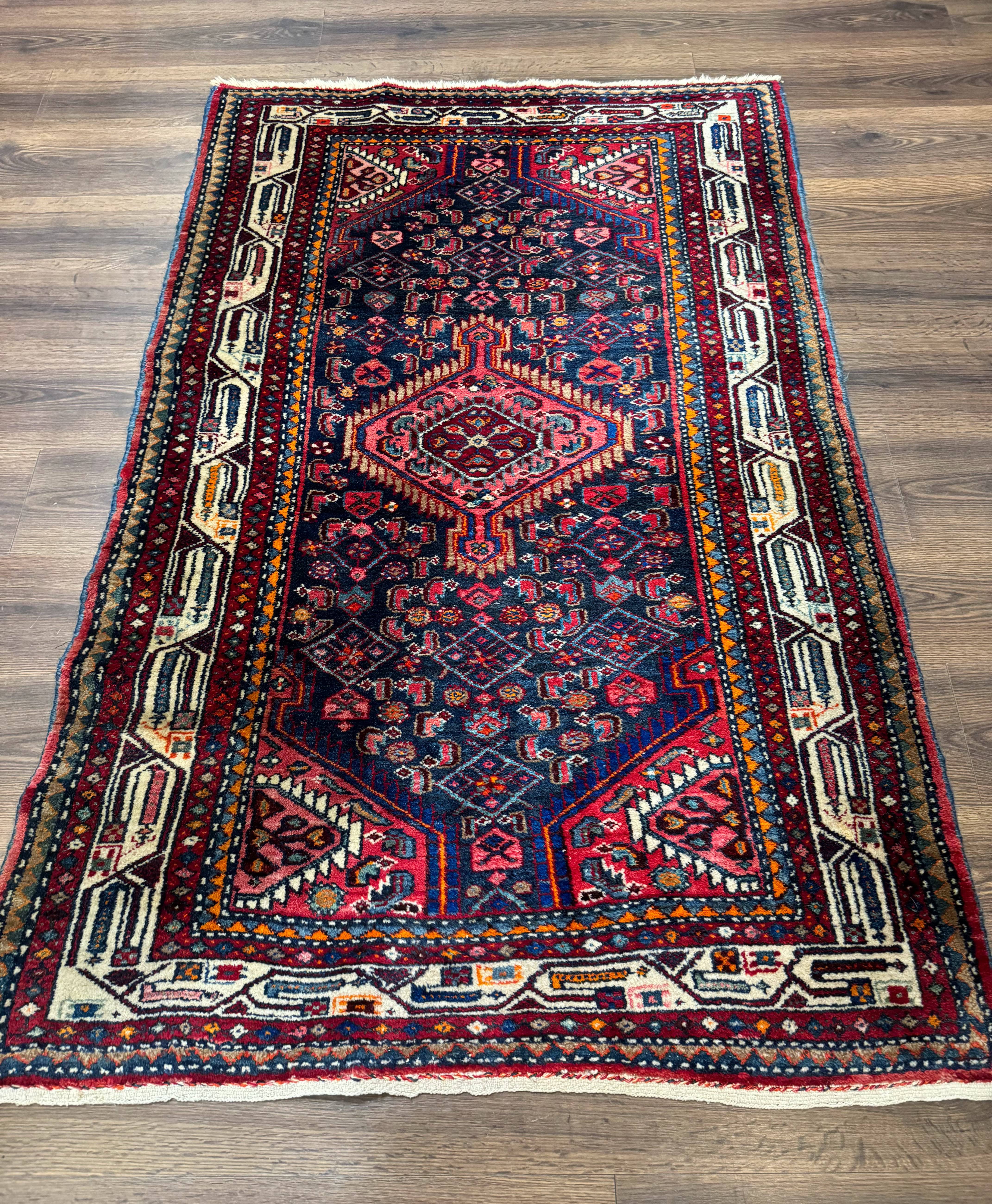 Antique Persian Hamadan Rug 4x6, Navy Blue, Village Tribal Rug - Jewel Rugs