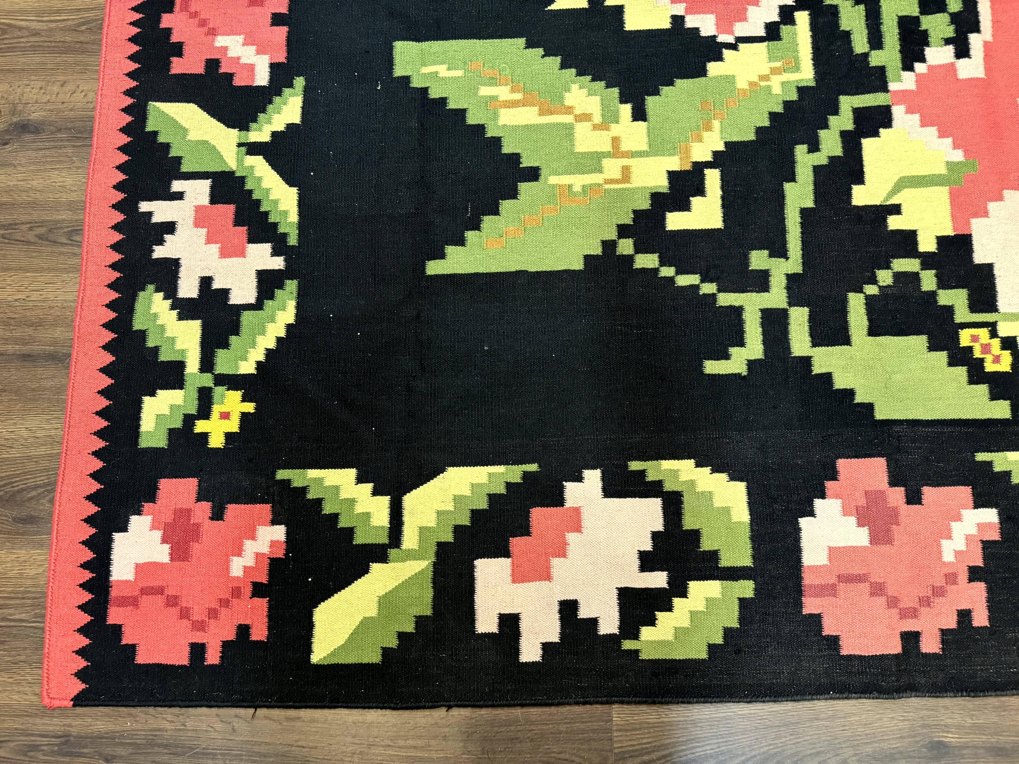 Large Indian Dhurrie Rug 8x10, Black Pink Green, 8 x 10 Kilim Rug, Handmade, Wool, Floral - Jewel Rugs