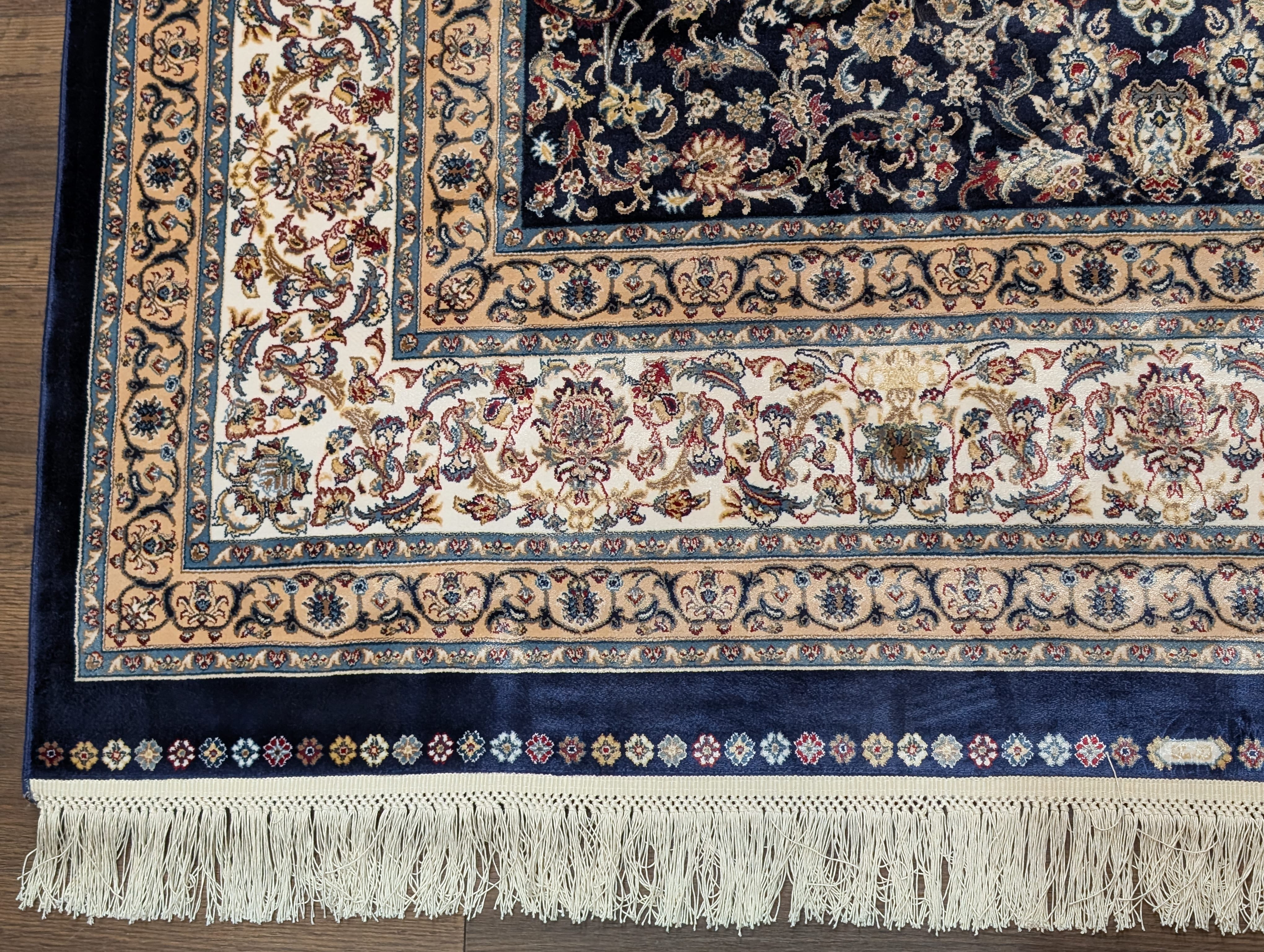 Square Turkish Silk Rug 5x5, Navy Blue and Ivory, Floral, Fine, Detailed, New, Bamboo Silk - Jewel Rugs