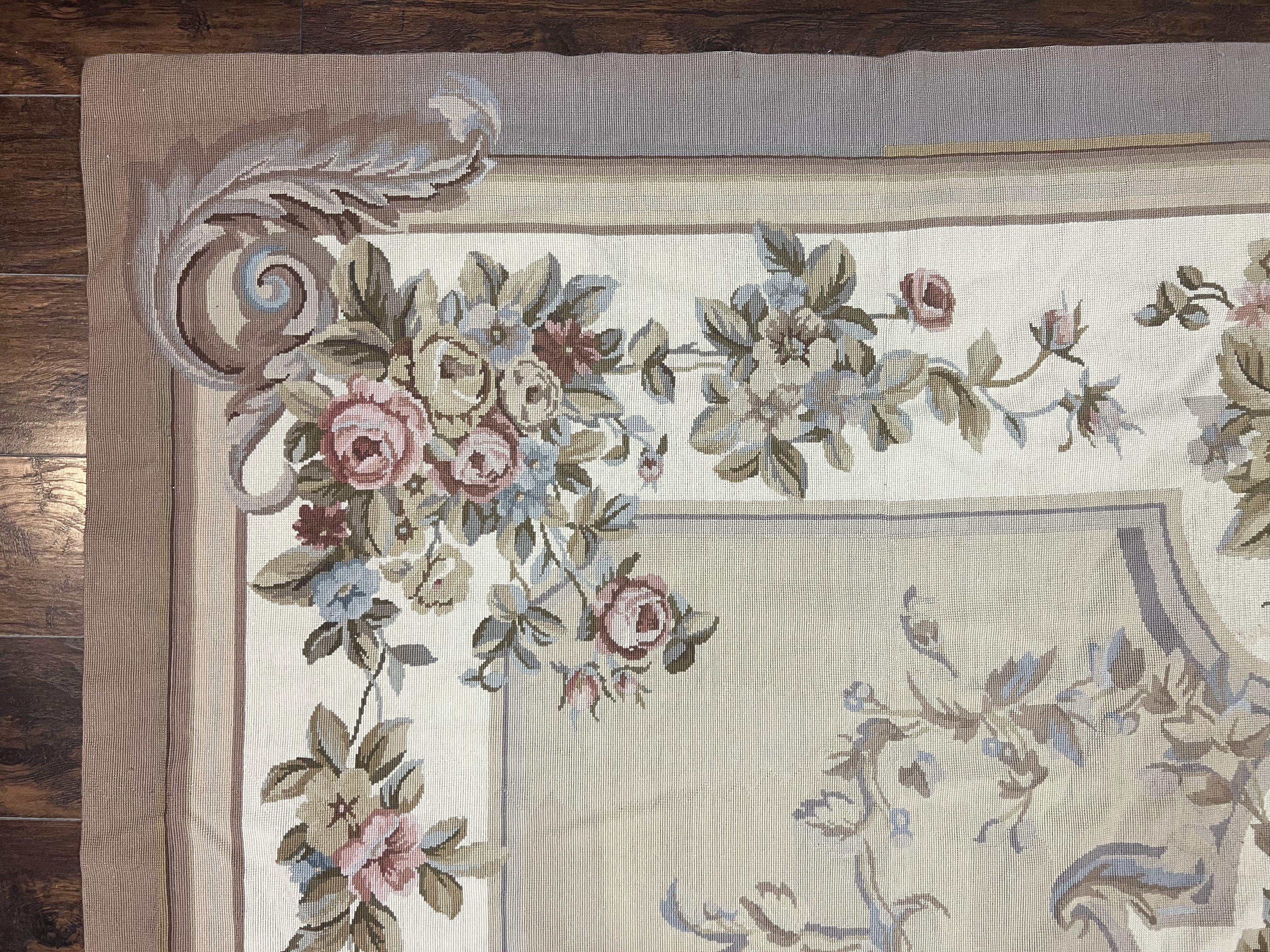 Aubusson Needlepoint Rug 9x12, VIntage Handmade Wool Beige Floral European Elegant Rug 9 x 12, Floral Roses - Jewel Rugs