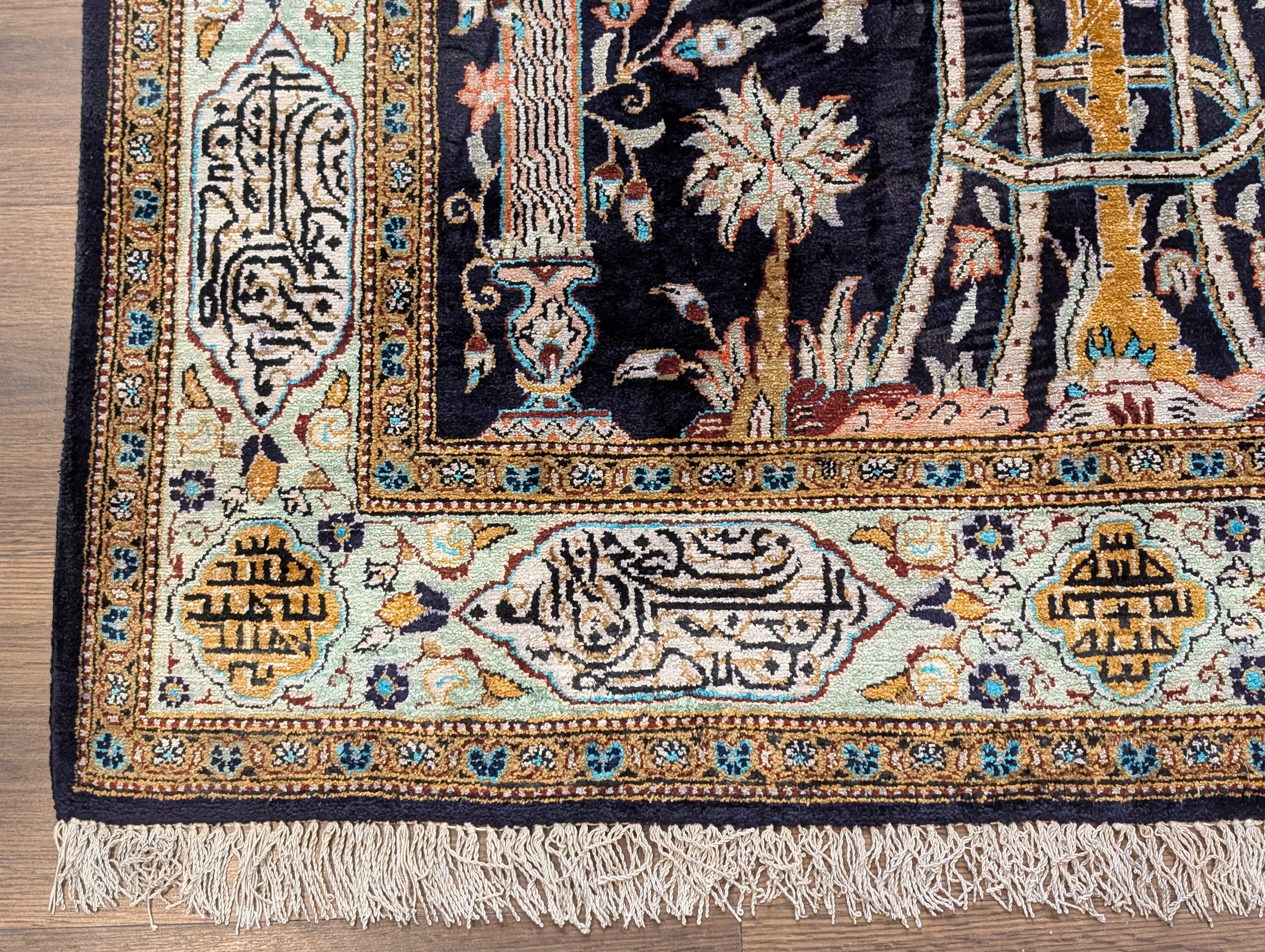 Wonderful Silk Persian Rug 4x5, Tree of Life Carpet, Qum Rug, Prayer Rug, Bird Pictorials - Jewel Rugs