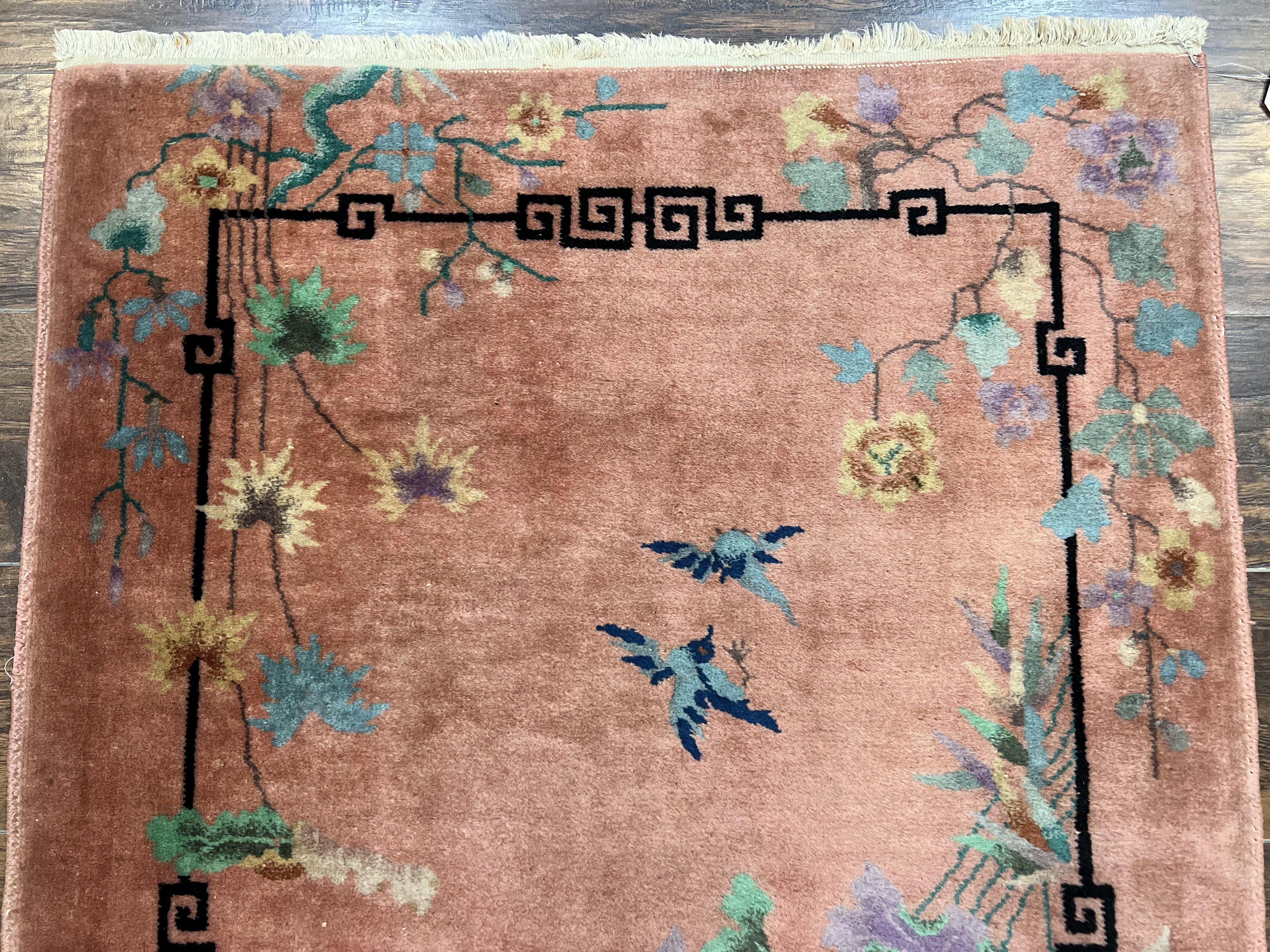 Chinese Art Deco Rug 3x5, Wool Hand Knotted Semi Antique Vintage Carpet, Salmon Red, Birds Flowers, Asian Oriental Rug 3 x 5 - Jewel Rugs