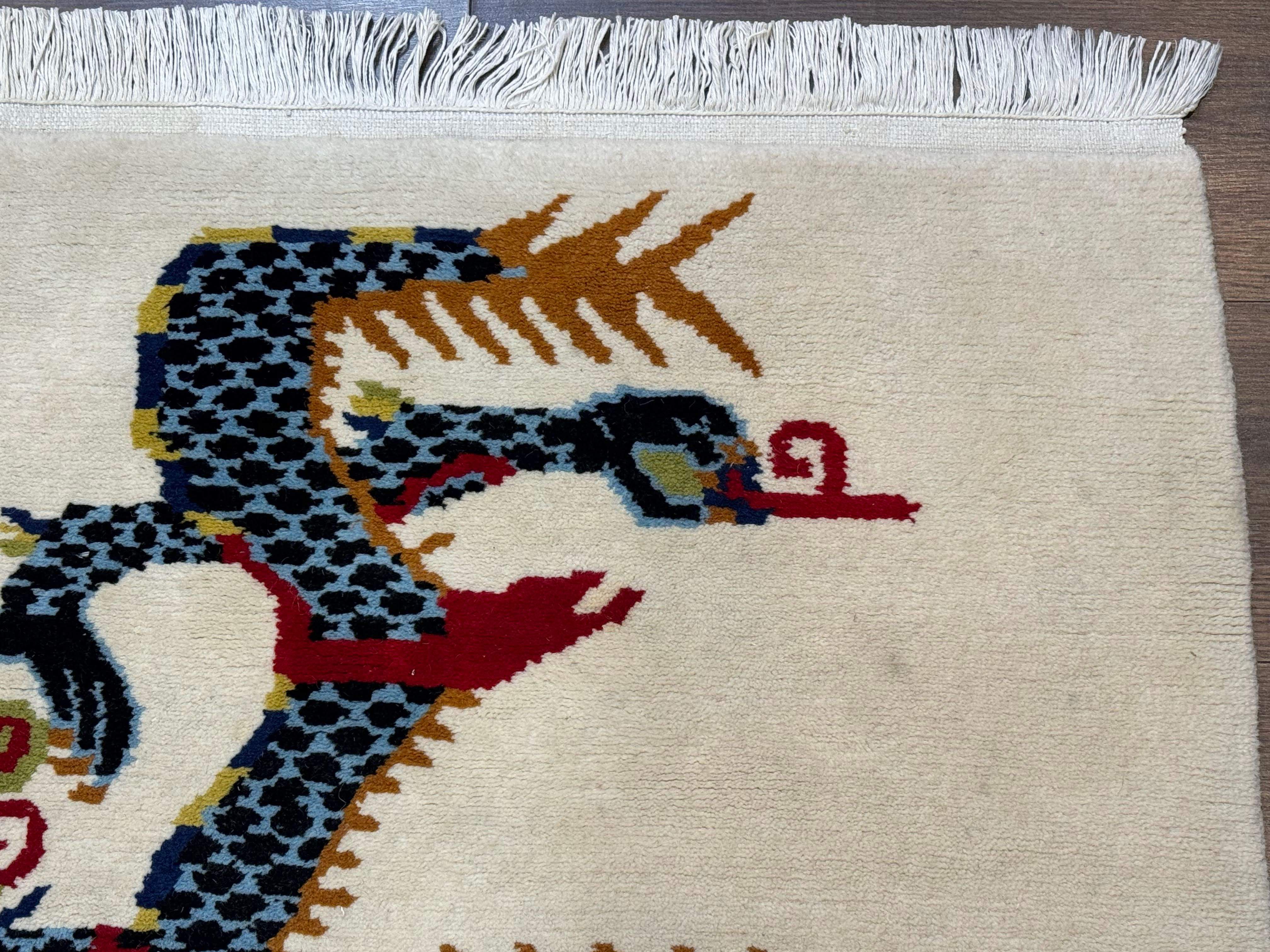 Chinese Double Dragon Rug 3x5 – Ivory, Hand-Knotted Wool Vintage - Jewel Rugs