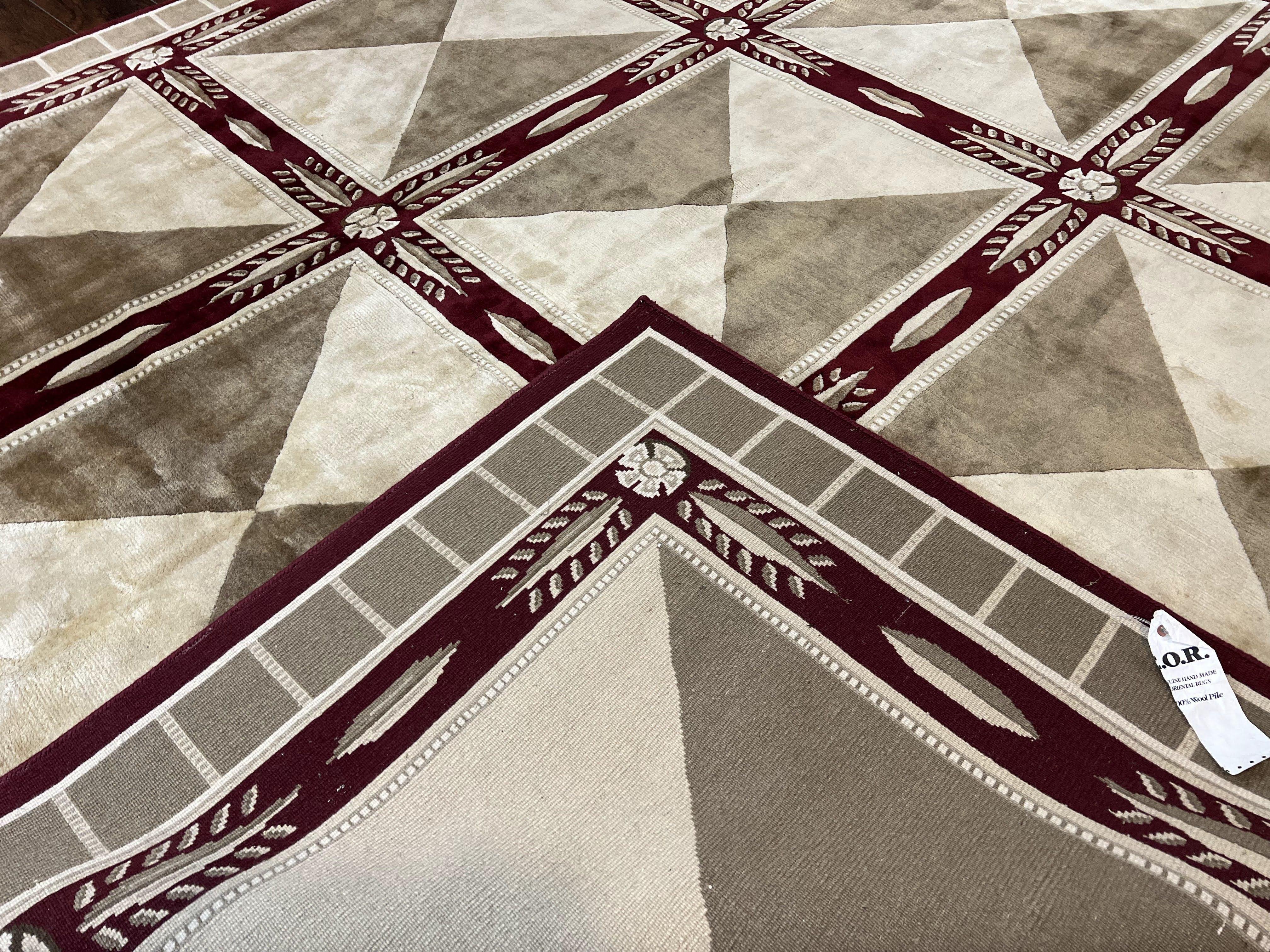 Indo Tibetan Rug 10x14, Nepali Carpet, Large Soft Wool Area Rug, Olive Tan Maroon, Contemporary Rug 10 x 14 ft Living Room Rug, Handmade Rug - Jewel Rugs