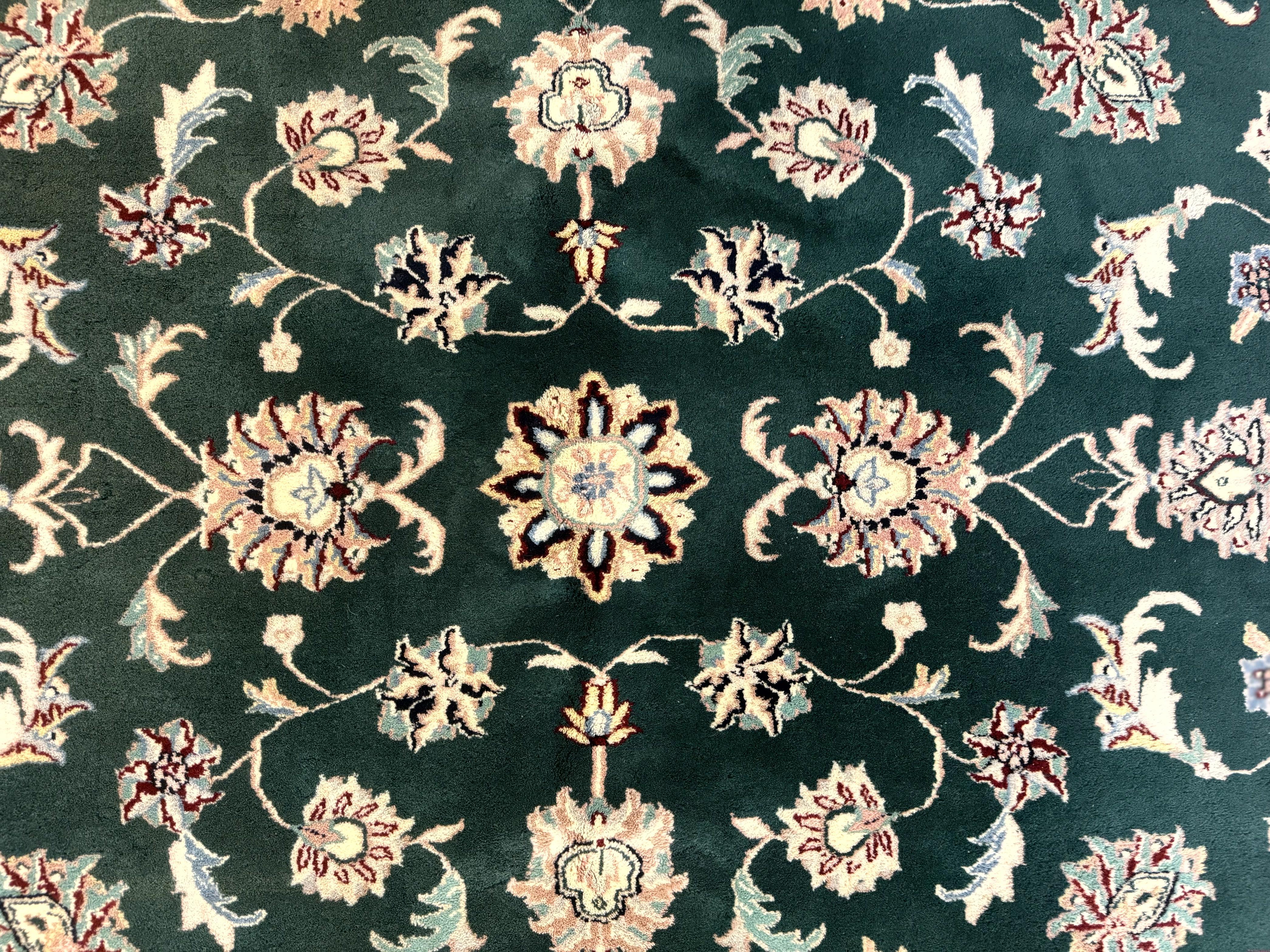 Indo Persian Rug 8x10, Dark Green and Ivory, Floral, Handmade Vintage Wool Carpet - Jewel Rugs