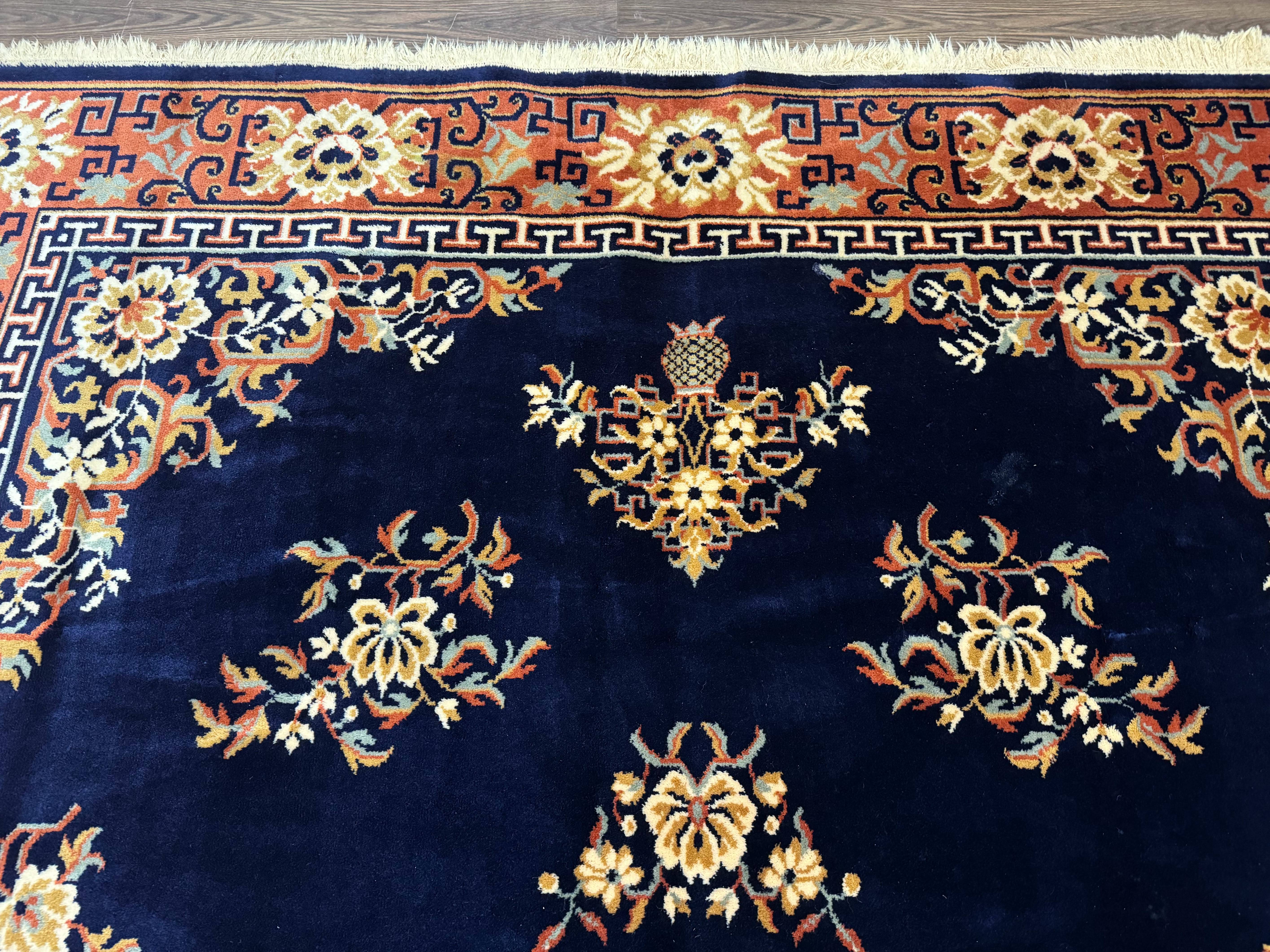 Chinese Wool Rug 8x11, Navy Blue and Terracotta, Floral, Couristan Belgium Power Loomed Carpet - Jewel Rugs